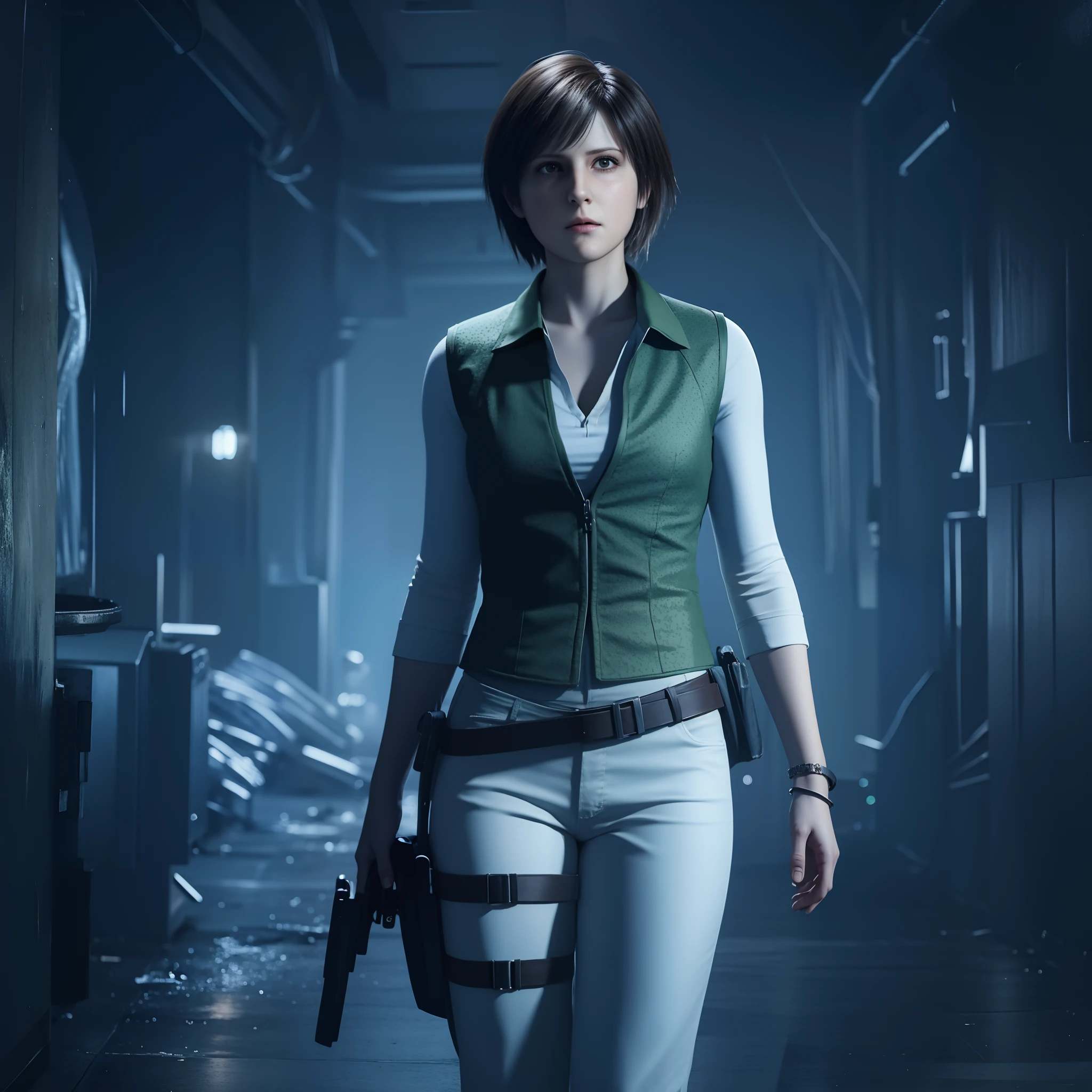 Woman, Rebecca Chambers, glares, wearing green vest, white pants