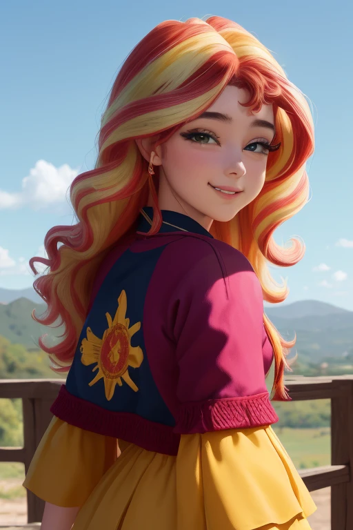 (Obra maestra, La mejor calidad:1.2), solamente, 1girl, mlpshimmer, They are smiling, Mirando al espectador, Brazos cruzados, chaqueta de cuero, falda morada