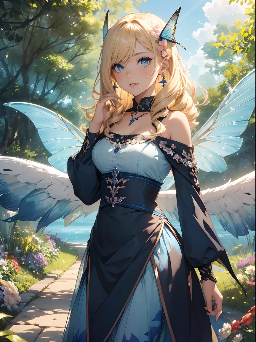 hiquality, hight resolution, ultra-detailliert, high-level image quality, hightquality, anime illustrated, (finely detailed beautiful eye: 1.2), Detailed eye depiction, (finely detailed  eyes and detailed face:1.3), (extremely details CG, Best Shadow:1.1), Depth of field and blur, (Perfect Detail: 1.1) , digitial illustration, Enamel Art, Center, Watercolor painting, art  stations, concept-art, character sheets, Lightning Wave, beautiful anime watercolors, Vibrant colors, Sharp Focus, art by:hyung tae kim, Beautiful girl with butterfly wings:1.5, (blue and black wings with eyespots:1.4), (large and curved wings that cover the body:1.3), (silver necklace and earrings:1.2), (long blonde hair with curls:1.3), (blue makeup:1.2), (standing and looking at the sky:1.4), (forest with flowers and sunlight:1.3)