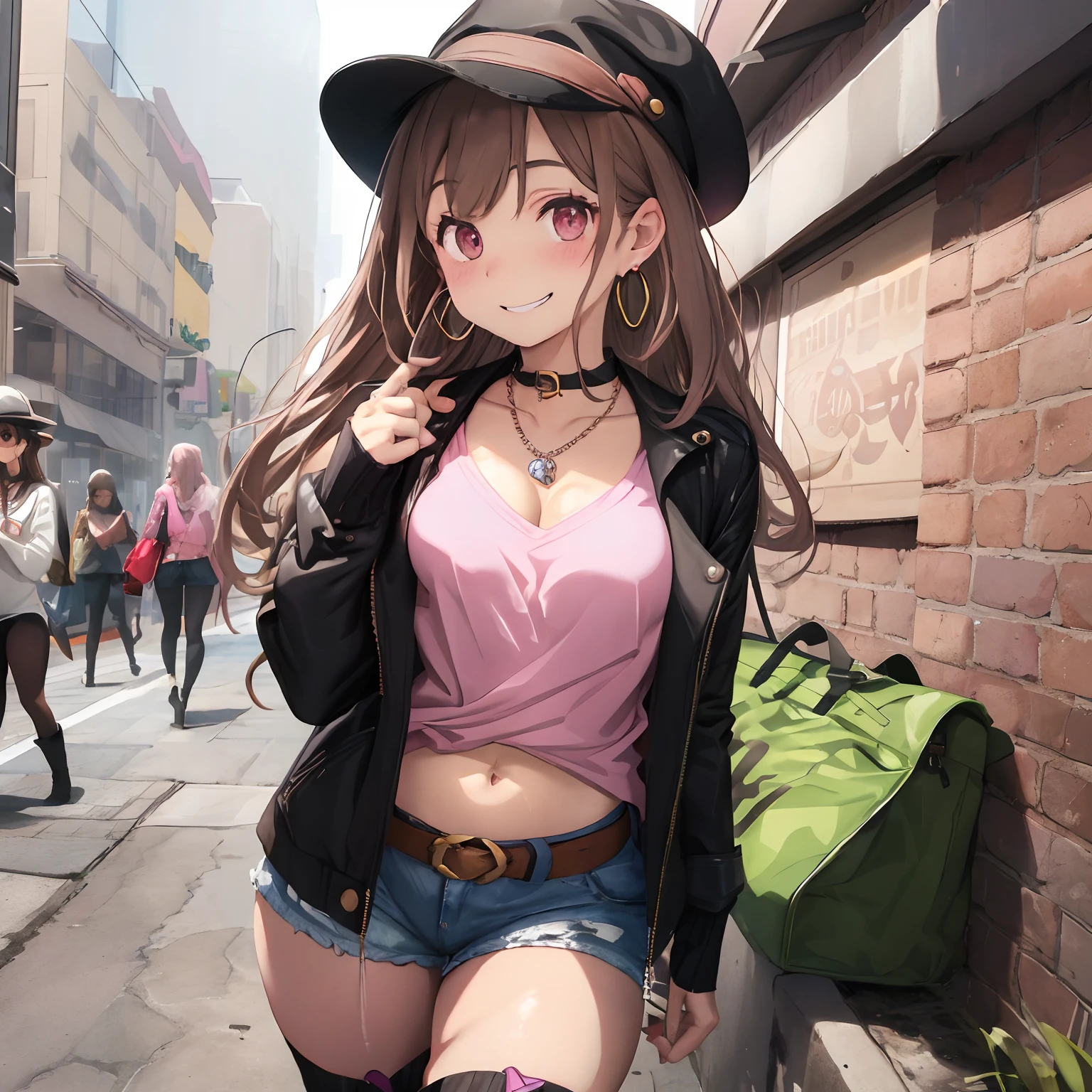Crowded Downtown,Long-sleeved T-shirt with a revealing chest,Navel Fashion,Oversized jacket,Shorts and knee-high socks,garterbelts,long boots, Light Brown Straight Hair,Eyes are pink,Gesture to remove sunglasses,Wearing a hat with a brim,Shoulder bag,Tapioca Drink,slightly red cheeks,A smile,Smile a little depressed and embarrassed,Ring earrings,Packed with accessories such as necklaces and rings,gals