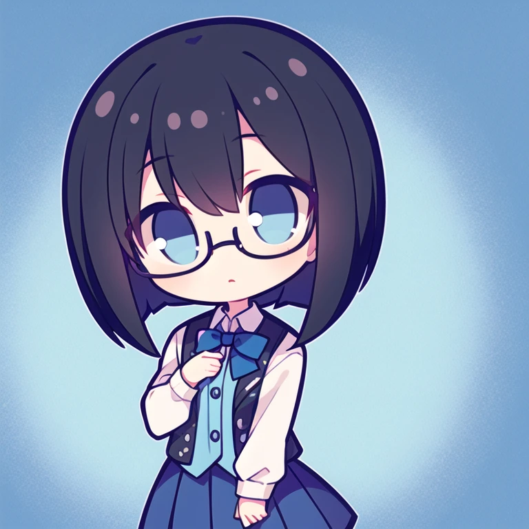 chibi,solo girl,standing,black hair,short hair,bob cut,eyewear,expressionless,large chest, light blue eyes,dark blue vest,bowtie,long sleeves shirt,pleated skirt,pastel blue background