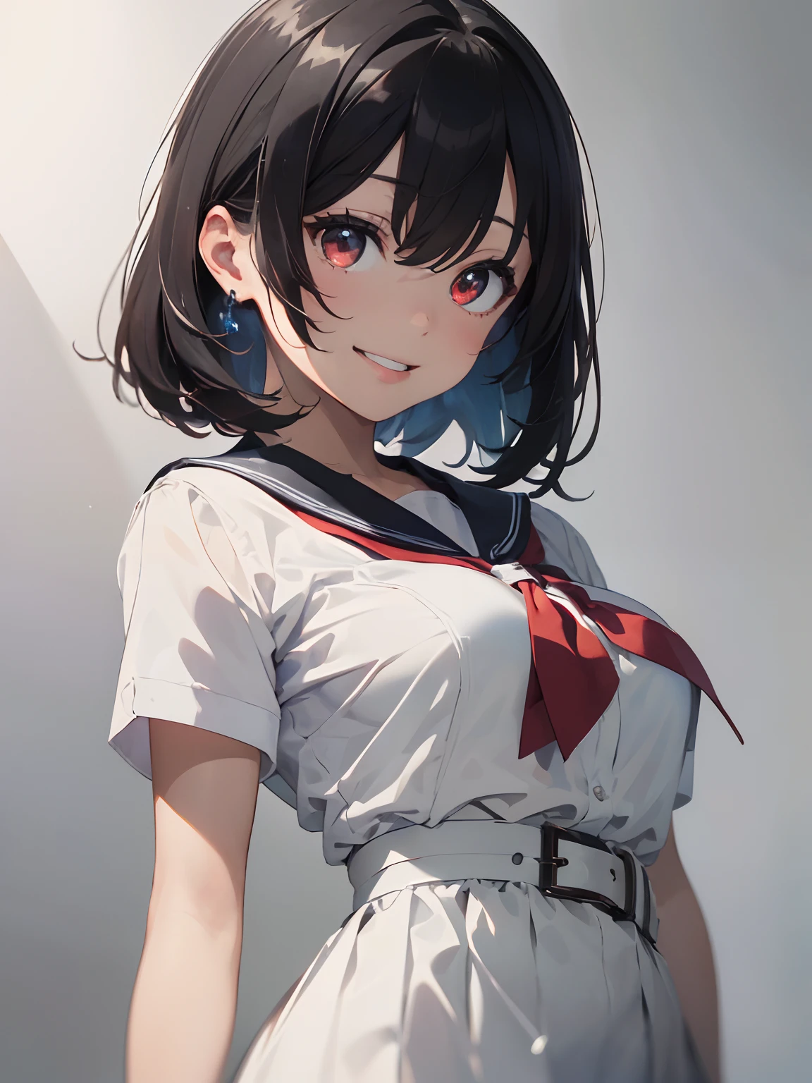 (​masterpiece:2.0), (top-quality:2.0), (White one-piece sailor suit 1.5),, (Smile Face:1.5), (Medium Hair:1.5), (ciber:1.5), (Realistic:1.5), (Gray white background:1.7), Belt under boobs,1人の女性, accurate hands,lightsmile, Look at me and smile, a very pretty girl, Clear eyes, Shining eyes, large full breasts,  Dynamic Posing, Beautiful skins, ultra-definition, Top resolution, Pale white head of hair, red eyes, Full body、White one-piece school uniform、 Pale white head of hair,(masutepiece:1.2, Best Quality), (finely detailed beautiful eye: 1.2), (Detailed background,Dark Fantasy), (beautifull detailed face), High contrast, (Best Illumination, extremely delicate and beautiful), ((Cinematic Light)), Colorful, Hyper Detail, Dramatic light, Intricate details,Very red eyes, Shining eyes, large full breasts、Belt under the chest、White military uniform, White skirt, large full breasts, pale gray hair, Her eyes are bright red, Black tie, Belt under the chest, gotik、hi-school girl、