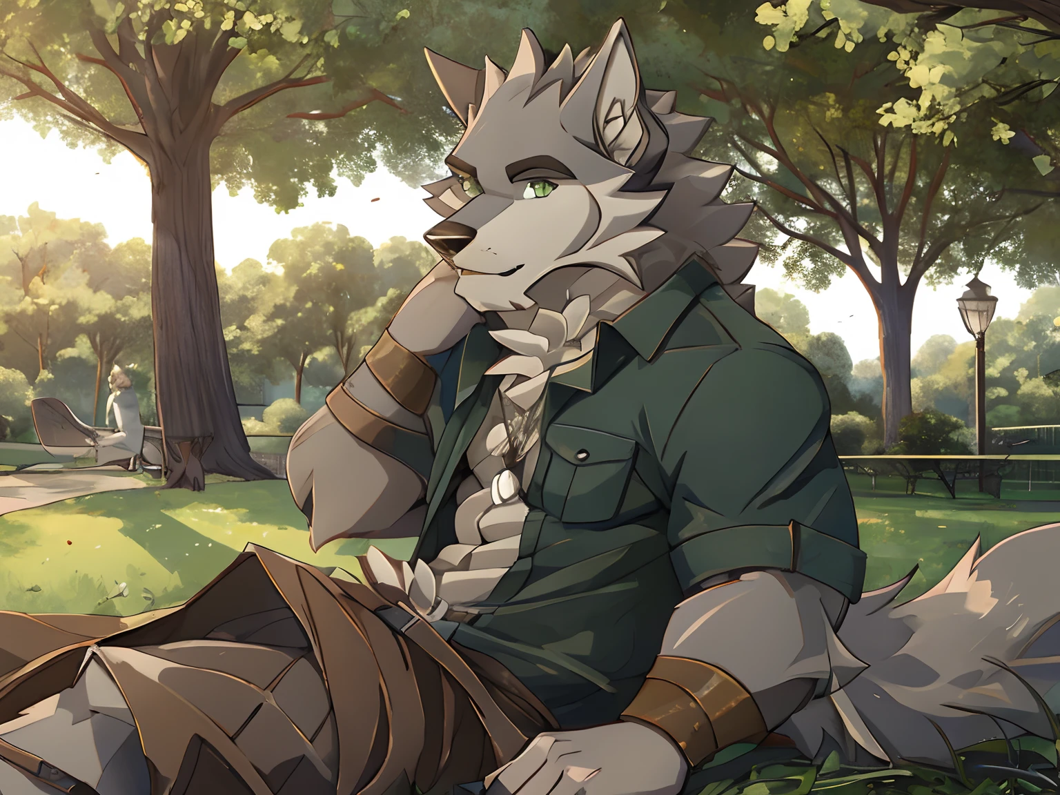 Best quality, Solo, Ranok, Furry Wolf, Gray Fur, Green Eyes, Medium Muscular Body, Handsome, Good Looking, Charming, Casual Shirt, Fierce, Cool Pose, Afternoon, Park Background.