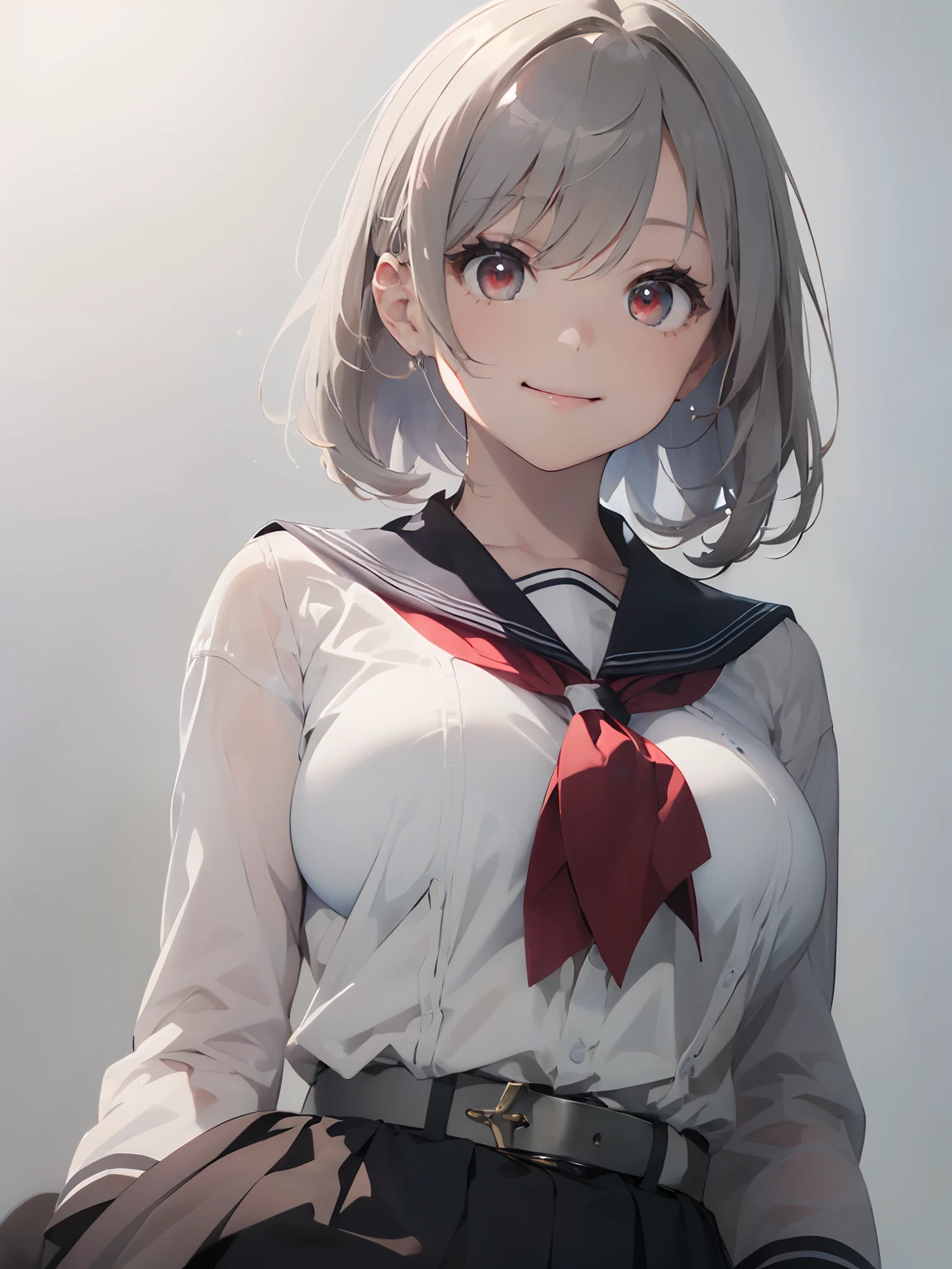 (​masterpiece:2.0), (top-quality:2.0), (White one-piece sailor suit 1.5),, (Smile Face:1.5), (Medium Hair:1.5), (ciber:1.5), (Realistic:1.5), (Gray white background:1.7), Belt under boobs,1人の女性, accurate hands,lightsmile, Look at me and smile, a very pretty girl, Clear eyes, Shining eyes, large full breasts,  Dynamic Posing, Beautiful skins, ultra-definition, Top resolution, Pale white head of hair, red eyes, Full body、White one-piece school uniform、 Pale white head of hair,(masutepiece:1.2, Best Quality), (finely detailed beautiful eye: 1.2), (Detailed background,Dark Fantasy), (beautifull detailed face), High contrast, (Best Illumination, extremely delicate and beautiful), ((Cinematic Light)), Colorful, Hyper Detail, Dramatic light, Intricate details,Very red eyes, Shining eyes, large full breasts、Belt under the chest、White military uniform, White skirt, large full breasts, pale gray hair, Her eyes are bright red, Black tie, Belt under the chest, gotik、hi-school girl、