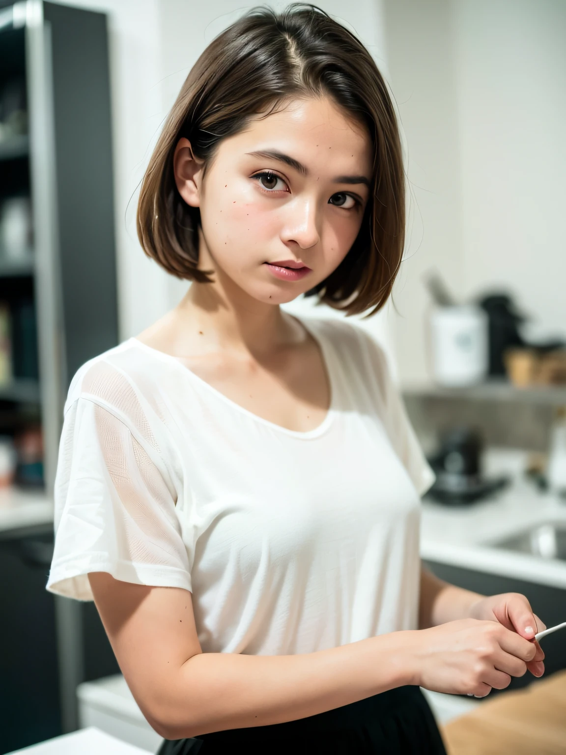 Solo, standing in the kitchen, girl, white shirt, milk drops on the chest of the shirt, (delicate illustration: 1.4), (renaissance art: 1.4), (masterpiece: 1.0), (best quality: 1.4), (super high) Resolution: 1.2), (Photorealistic: 1.4), (8K, RAW photo: 1.2), (Soft focus: 1.4), (Age 18: 1.3)), (Sharp focus: 1.4), Beautiful face details