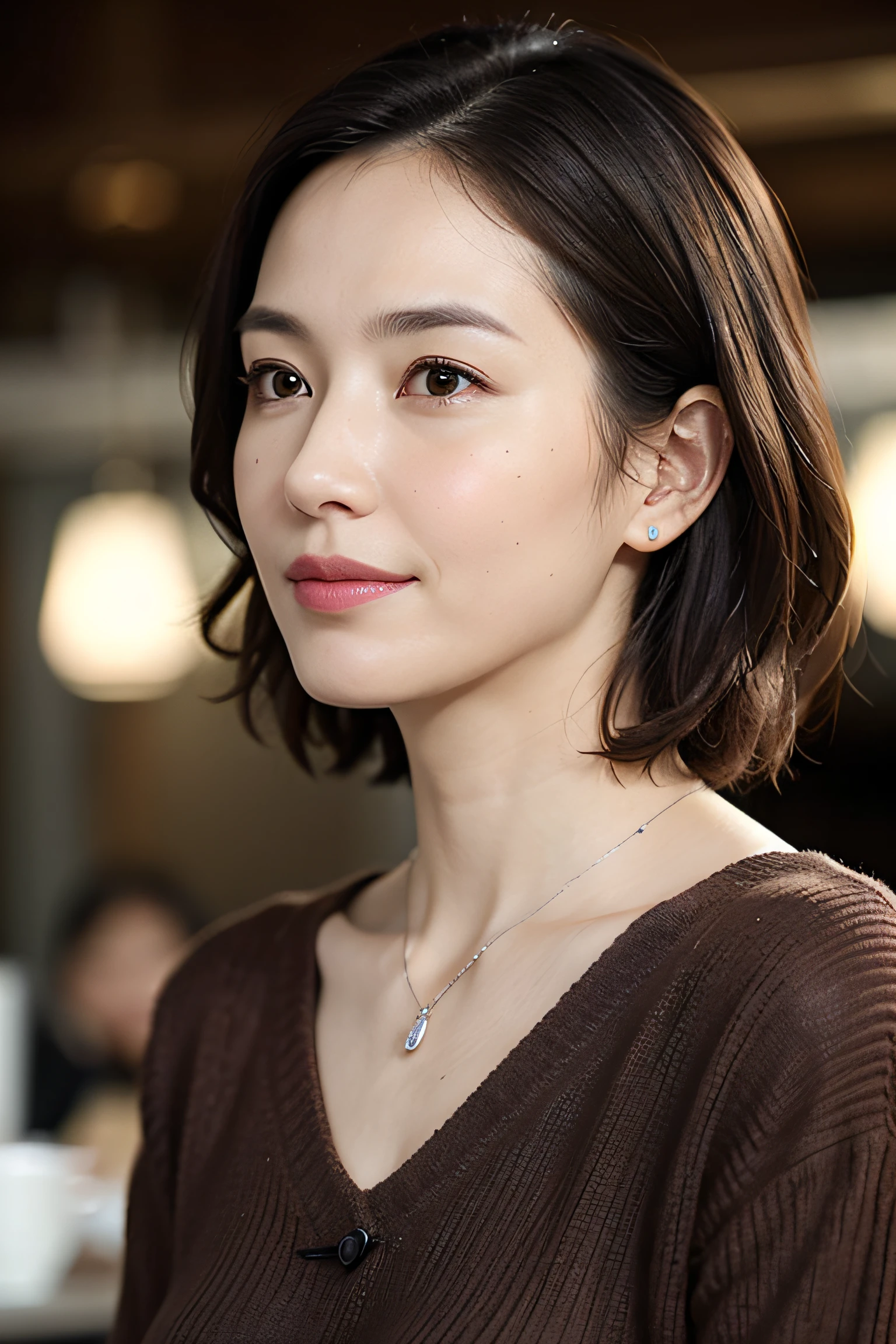 (8K, top-quality, masterpiece:1.3, 超A high resolution, A hyper-realistic), High Detail, (Face like the real thing), Photorealsitic, Raw foto, ((one beautiful women)), Detailed face, beautidful eyes, realisticeyes, Eyes in Beautiful Details, (real looking skin), Beautiful skins, enticing, depth of fields, hight resolution, High pixel count, ((Sideways face, Looking away, Don't look your audience in the eye, Don't look at the camera)), fashionable cafe, The background is also in the picture, clear details, sharp photo, Natural color reproduction, Noise Reduction, High fidelity, Small pendant in silver color, A small necklace in silver color, (Wine-colored light knit U-neck shirt, Neat and clean clothing, Clothing that makes it difficult to see the chest, Clothing that makes it difficult to see the chest, Clothes with hidden breasts), small tits, Sexy lips, Ears are visible, a smile, kindly smile, Beautiful skins, enticing, the golden ratio, (Detal Face:1.2), profetional lighting, Lighting the face, best light, japanes, A Japanese Lady, Japan Mature Woman, a matural female, Short Bob Hair, ((sixty years old, Beautiful, Wrinkles on the face, Wrinkles at the corners of the eyes, Nasolabial fold wrinkles, Small wrinkles, Beautiful, Beautiful Aunt, Moderate moles, Small mole on the face)), The whole picture, Overall photo, Photo from the waist up