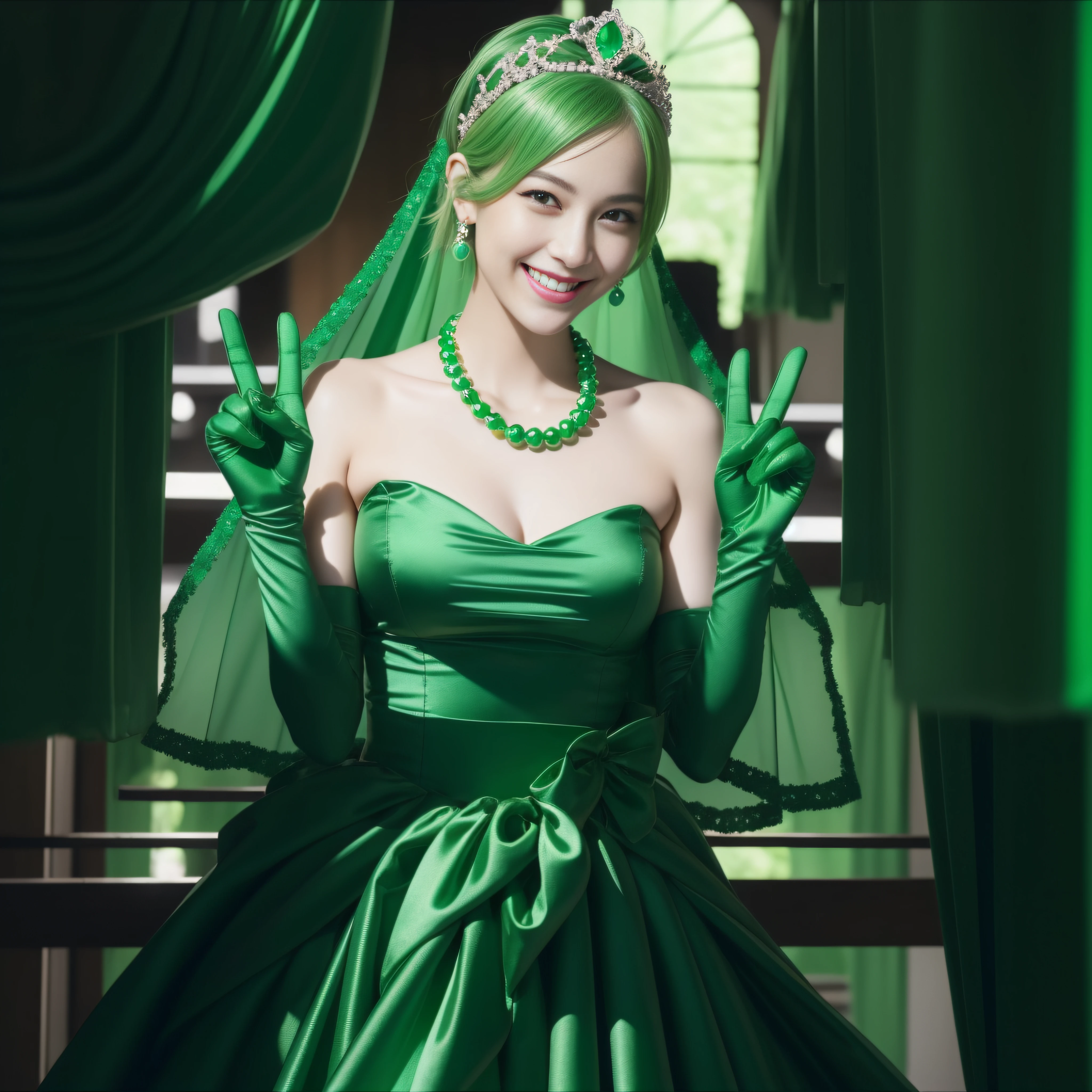 emerald tiara, Green Pearl Necklace, Boyish very short green hair, lipsticks, Japan woman smiling, very short short hair, big breasts beautiful, Green eyes, Long green gloves made of satin material, Green eyes, v sign,V-sign with both hands, Emerald Earrings