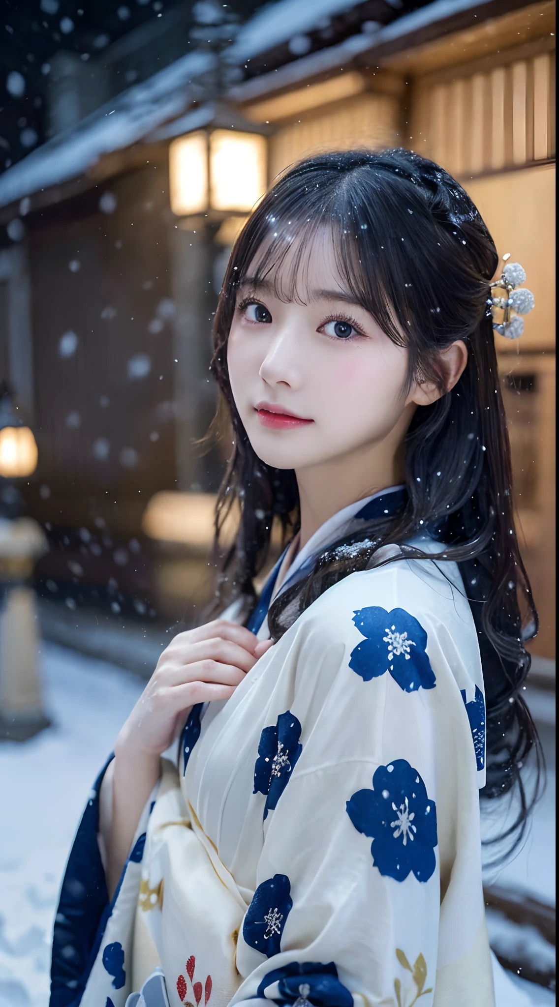 (Kimono)、、(top-quality、masterpiece:1.3、超A high resolution)、(ultra-detailliert,Caustics)、(Photorealsitic:1.4、RAW shooting)、Ultra-realistic capture、A highly detailed、high-definition16Kfor human skin、 Skin texture is natural、、The skin looks healthy with an even tone、 Use natural light and color、One Woman、japanes、kawaii、A dark-haired、Middle hair、(depth of fields、chromatic abberation、、Wide range of lighting、Natural Shading、A detailed eye)、、(Exterior light at night:1.4)、(Falling snow:1.2)、(Hair swaying in the wind:1)、(Snow reflects light:1.3)