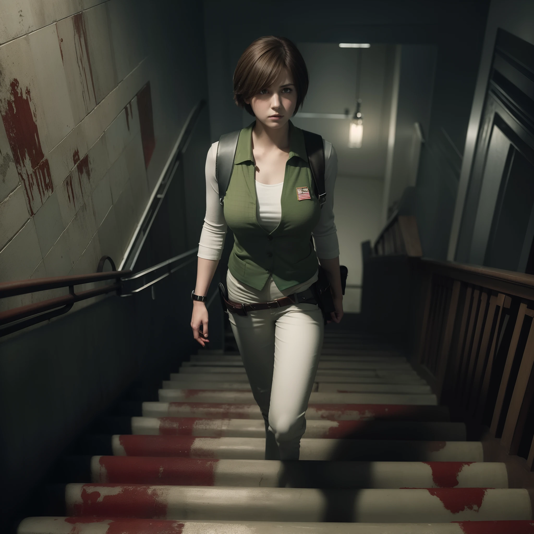 Woman, Rebecca Chambers, glares, wearing green vest, white pants, cool expression