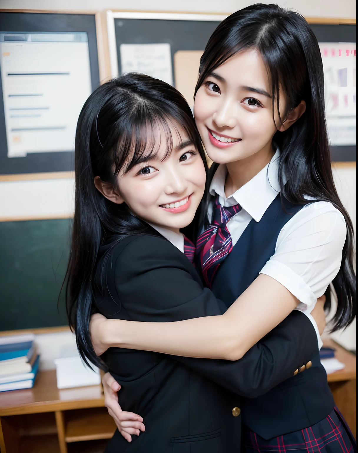 (8k, RAW photos, top quality, masterpieces: 1.2, masterpiece), two girls, (((Yuri, lesbian, hugging)), black hair,
Professional portrait of ((super cute)) girl in school uniform, classroom