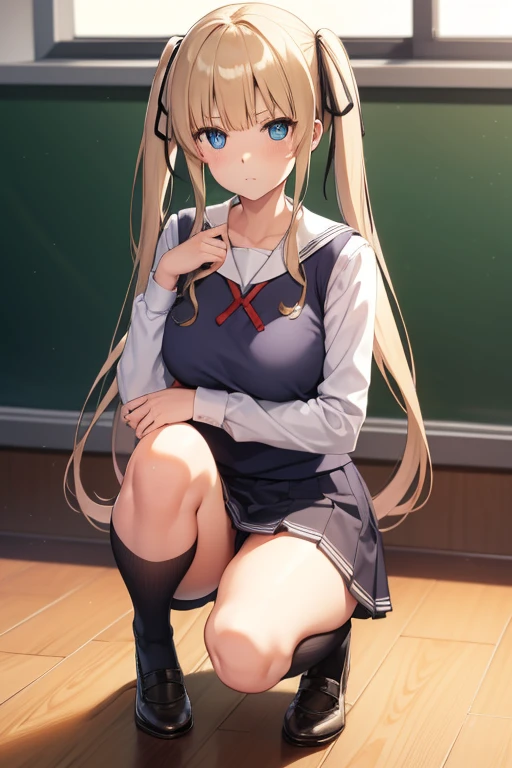 eririspencer, eriri sawamura spencer, blonde hair, blue eyes, blunt bangs, hair ribbon, hime cut, long hair, twintails, full body, full pose, BIG BREASTS, gross face, Grimace, squat, Spread your legs apart, white panties, BREAK black ribbon, black skirt, black knee socks, pleated skirt, ribbon, school uniform, skirt, zettai ryouiki, BREAK looking at viewer, BREAK indoors, classroom, BREAK (masterpiece:1.2), best quality, high resolution, unity 8k wallpaper, (illustration:0.8), (beautiful detailed eyes:1.6), extremely detailed face, perfect lighting, extremely detailed CG, (perfect hands, perfect anatomy),