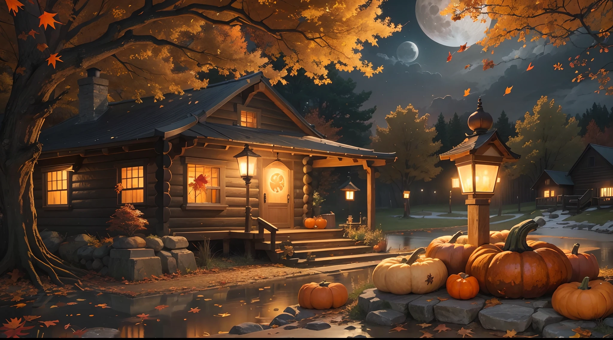 autumn scenery, Pumpkin night view, full moon, small cabin, Falling leaves, fall weather, Autumn, The fountain, Realistic, lantern, 火焰