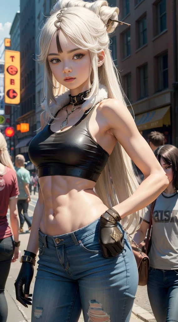 ((medium breast, tomboy girls, small head)), daylight, sunlight, (chiseled abs : 1.1), (perfect body : 1.1), (long straight hair : 1.2) , silver hair, collar, chain, full body shot, crowded street, wearing black tanktop, jeans jacket, ((shorts)), (extremely detailed CG 8k wallpaper), (an extremely delicate and beautiful), (masterpiece), (best quality:1.0), (ultra highres:1.0),  beautiful lighting ,perfect lightning, realistic shadows, [high res], detailed skin, ultra-detailed