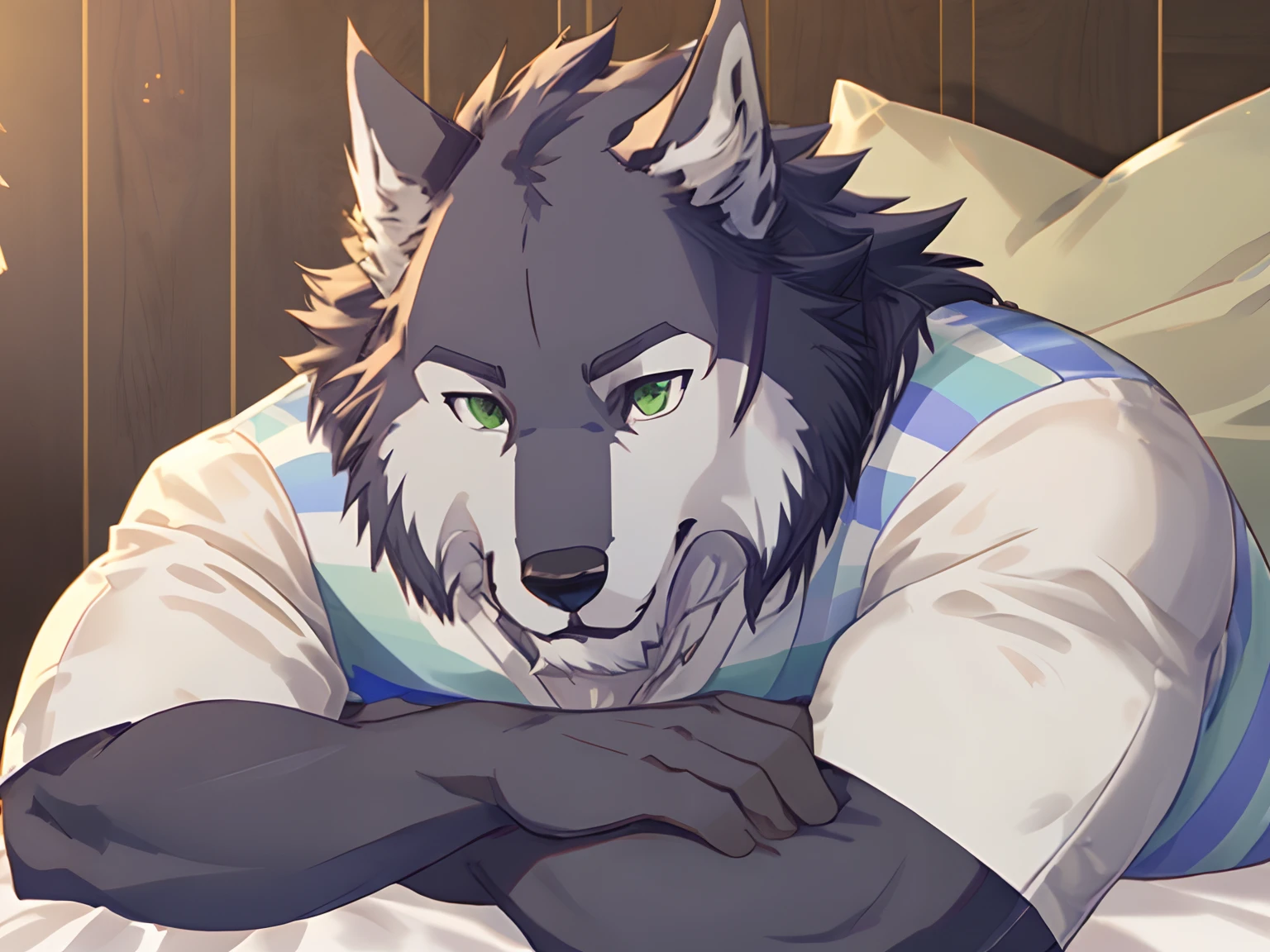 Best quality, Solo, Shoichi Urata, Furry Wolf, Dark Fur, Green eyes, Medium Muscular Body, Handsome, Good Looking, Charming, Casual shirt, Cool Pose, Joy Expression, Laying in Bed, Room Background.