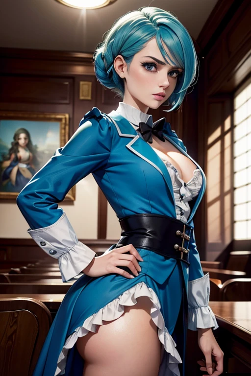 0ne girl in a justice Hall, Lawyer, Franziska Von Karma, Cyan Blue Hair, Puffy clothes, Clothing with ruffles, Use a Whip, Regard strict, Stern look. (Best quality:1.1), (Masterpiece:1.4), 1fille, (cheveux volumineux)+ , cheveux courts, (Yeux verts) Petits seins, (small lips ) + , peau brillante, brillant,