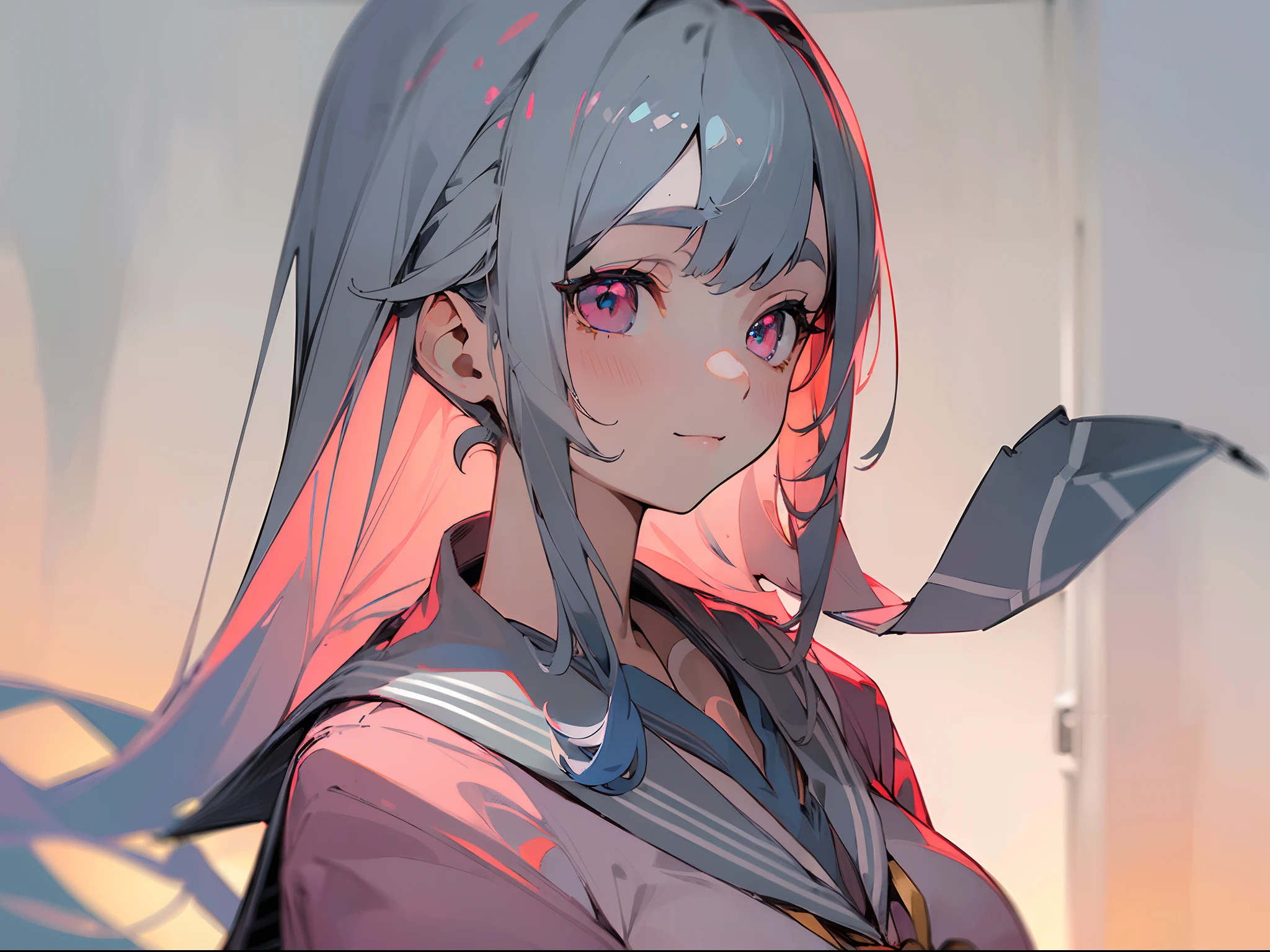 (masterpiece, best quality, ultra detailed beautiful face and eyes:1.3),beautiful girl, light blue hair,long hair ,pink eyes, large breasts,(grey sailor uniform:1.5),cardigan,(dark red tie:1.3),small smile,classroom,from side,golden hour,