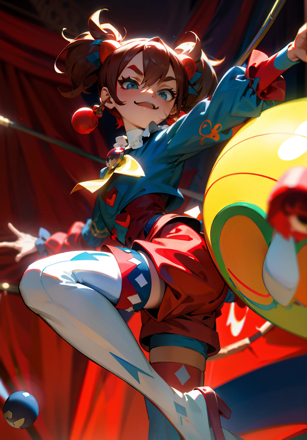 A Female mature robot exposes her inside mechanical organ. she wears white one-piece. Her Brown very short pigtails is tied with two big red clothespins, masterpiece, mature, android, blue eyes, full body, Height: 160cm, flushed cheeks, Uplifting, No NSFW, whole body, barefoot, archaic smile, getting orgasm, sweat bucket. full body shot, floating hair, looking straight. multiple girls. robot made of naked equipment, Japanese 2000's animation style. A middle-aged android with blue eyes. Her brown short pigtails are very short and tied with two big red clothespins. She has archaic smile. She is still under construction. She wears short pale ware. She can do a handstand. She looks over heated. her legs up.