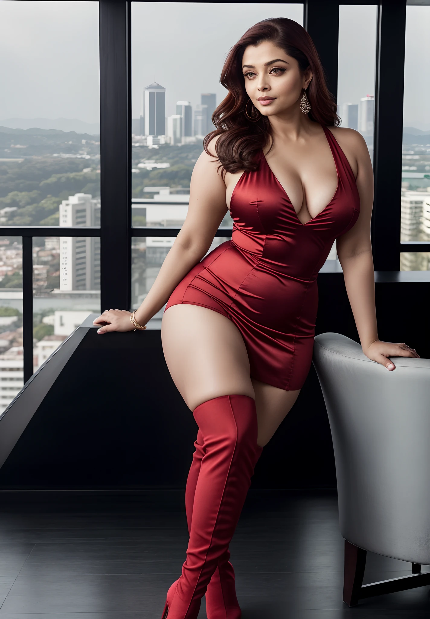 Aishwarya Rai Bachchan, sexy corporate lady, formal short red satin dress, knee high boots, thighs show, ponytail tied hair, bright sunny day scene, athletic curvy milf body, posing in penthouse terrace, hourglass milf figure, seducing pose, looking straight at camera, 50 yo milf, soft volumetric lights, intricate details, (ArtStation:1.2)