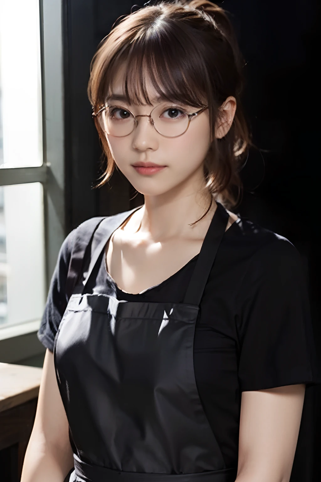 (8K、Raw photography、top-quality、​masterpiece:1.2)、(realisitic、Photorealsitic:1.37)、ultra-detailliert、超A high resolution、女の子 1 人、29yo、see the beholder、beautifull detailed face、Smile、Constriction、(Slim waist) :1.3)、Beautiful detailed skin、Skin Texture、Floating hair、Hair bunched into one、(Apron:1.4)、Professional Lighting、Autumn afternoon、kitchin、(((Black square glasses )))、Whole human body、Black hair、((Shameful appearance))、Ponytail hair