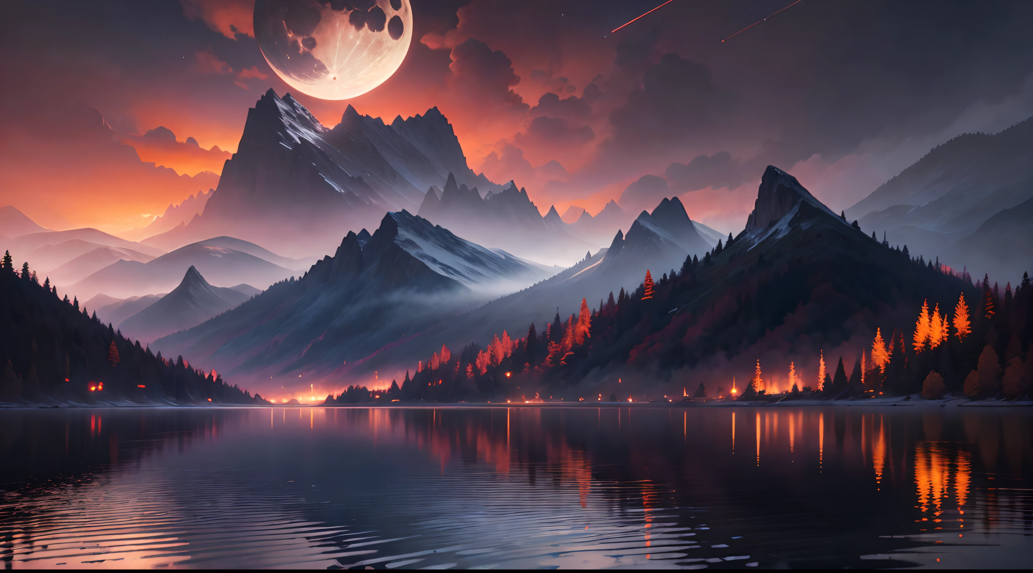mountains and a lake with a moon in the sky, 4k highly detailed digital art, 4 k hd wallpaper very detailed, impressive fantasy landscape, sci-fi fantasy desktop wallpaper, unreal engine 4k wallpaper, 4k detailed digital art, sci-fi fantasy wallpaper, epic dreamlike fantasy landscape, 4k hd matte digital painting, 8k stunning artwork, red sky