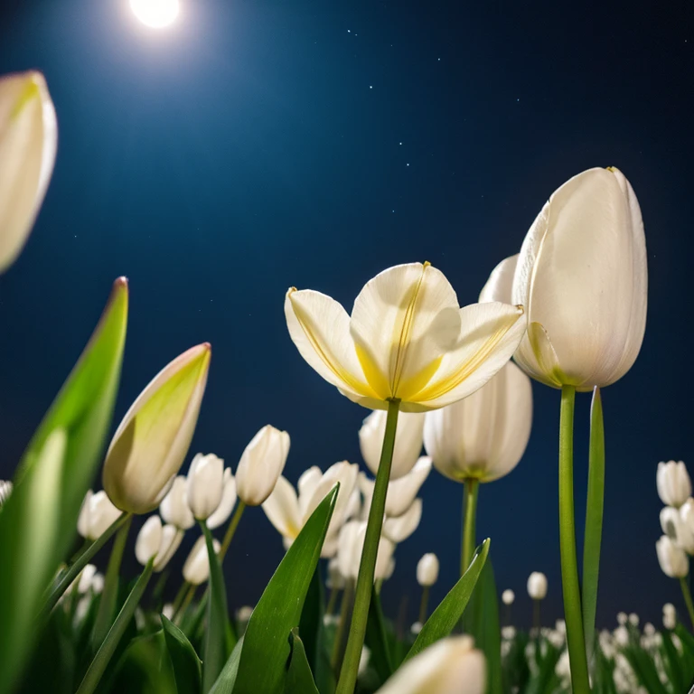 White tulips are blooming all over. Moonlit sky, perspective from above,