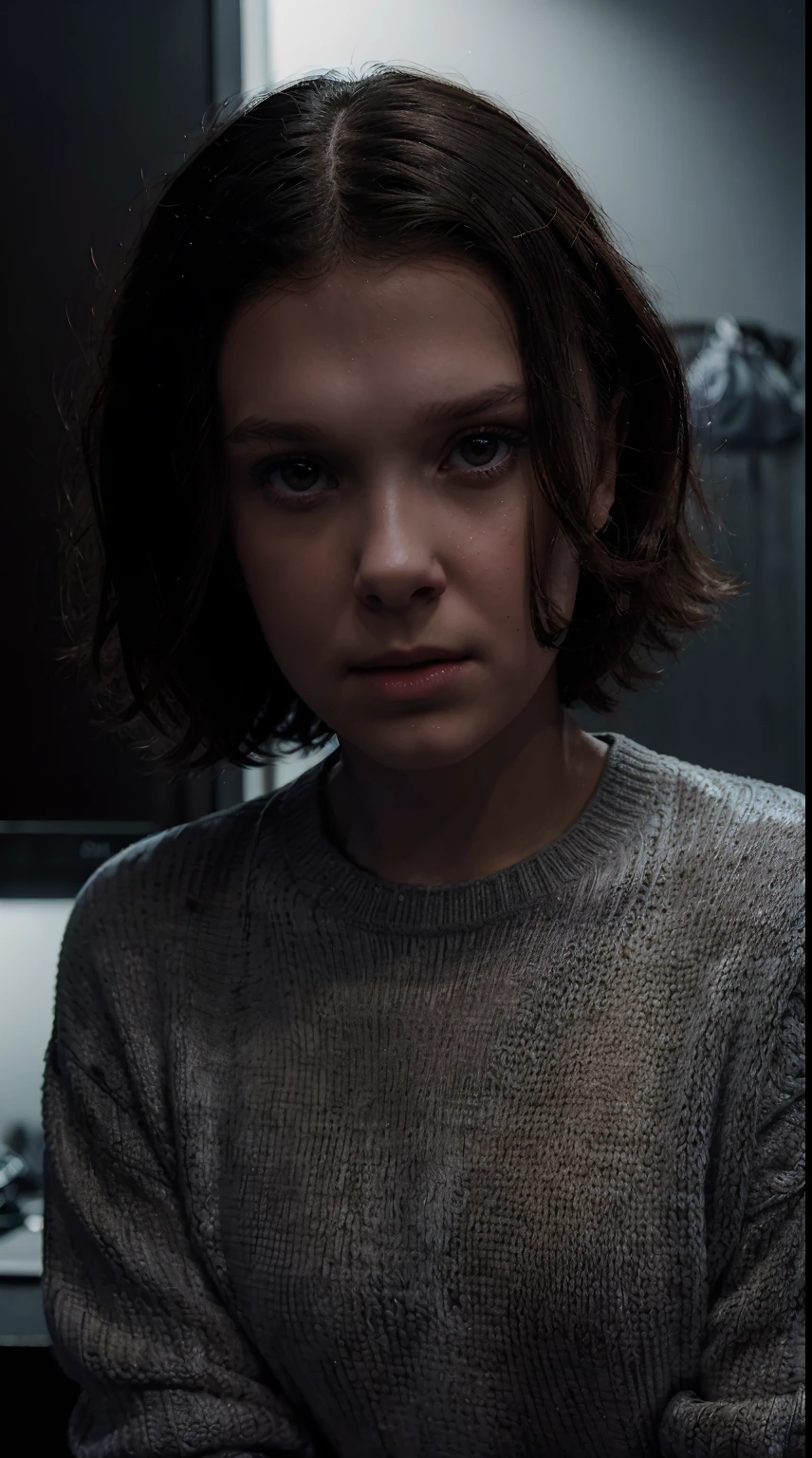 mbb, millie bobby brown, portrait of skswoman, sad , wearing sweater , with Bob , background prison epic (photo, studio lighting, hard light, sony a7, 50 mm, matte skin, pores, colors, hyperdetailed, hyperrealistic),