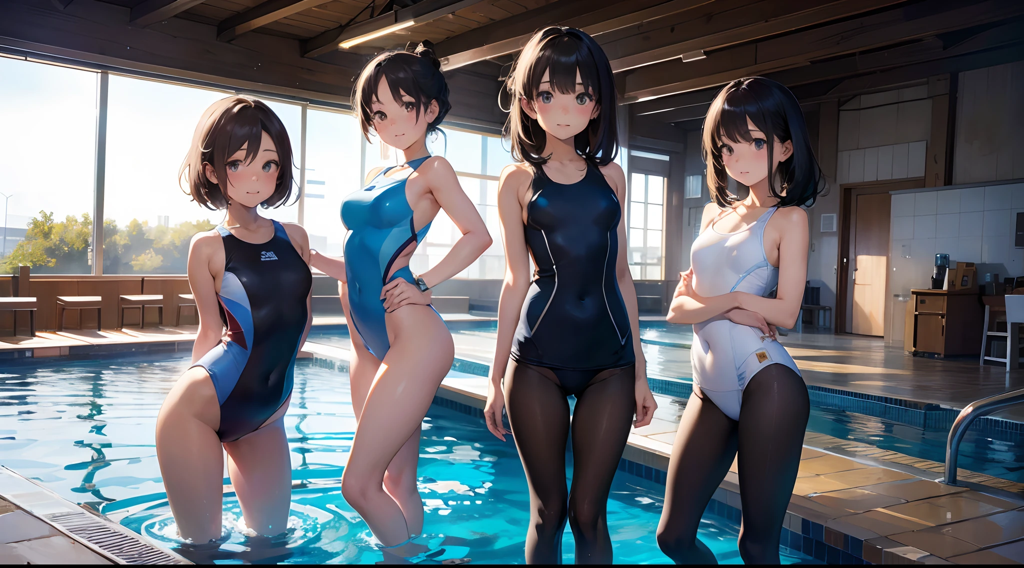 (best picture quality, 4K, high quality, masterpiece::1.2), ((masterpiece)), high detail, high quality, best picture quality, high quality, cute, early  old girl in a competition swimsuit with pantyhose at poolside in the indoor pool, full body, loli, short height, medium breasts, bokeh, DOF, Portrait, evil grin, open stance, (cute illustration:1.2), high-resolution, ultra-detailed, best-quality, bare-shoulder, showing armpits, embarrassed, 4girls