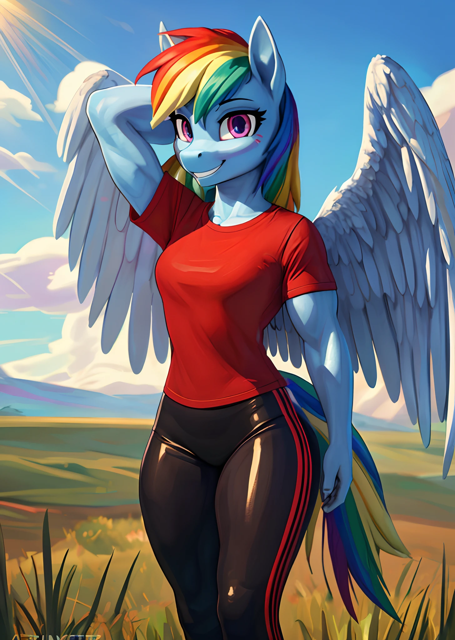 [rainbow dash], [Uploaded to e621.net; (siden), (Pixelsketcher), (mayosplash), (wamudraws)], ((masterpiece)), ((HD)), ((solo portrait)), ((full body)), ((front view)), ((furry; anthro)), ((detailed fur)), ((detailed shading)), ((beautiful render art)),  ((intricate details)), {anthro horse; (slim figure), (light-blue fur), (cute magenta eyes), horse snout, (long rainbow-colored hair), (light-blue pegasus wings), (gorgeous hips), (defined muscles), (cute grin)}, {(red tee shirt), (short sleeves), (black spandex yoga pants), (red converse sneakers)}, {(standing), (hand behind head), (looking at viewer)}, [background; (grass plains), (rainbow in background), (clouds), (blue sky), (sun rays)]