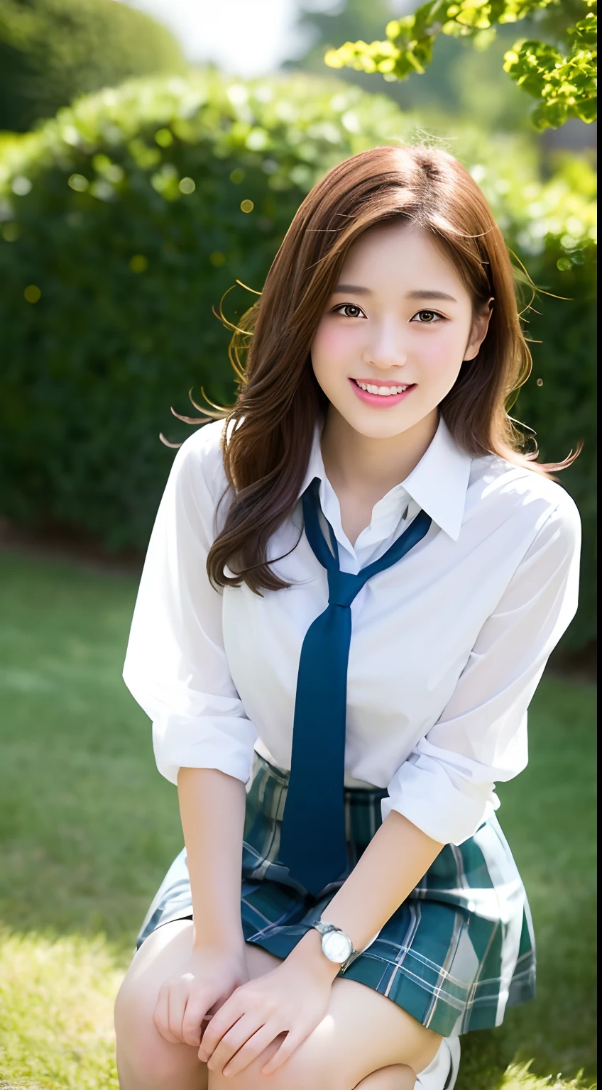 Very detailed 8k wallpaper)、foco nítido、in detail、Drama、Delicate and beautiful schoolgirl、sixteen years old、Sheer white shirt、Quite short skirt、ligh brown hair、hair adornments、Beautiful and sexy、A smile、Peek at the viewer、Beautiful graphics、Bright school building、Full of students、clean legs、crouching down、