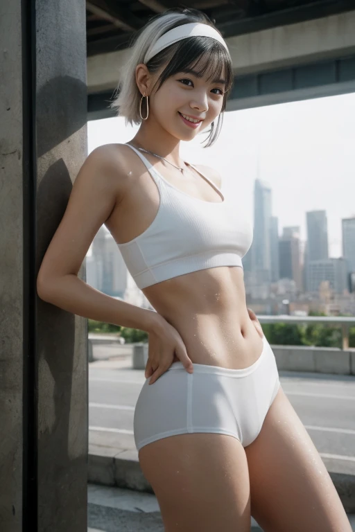 NSFW, 1girl in, (Well-formed face), (Ideal ratio body proportions), korean girl, 19 years old, Modern old cityscape, Sunnyday, ((Open leg jump)), (((underboob, sports wear))), ((Jersey on upper body)), (((Sportsbra)), Wet, Torn clothing, Smiling smile, de pele branca, A slender, Dark hair, straight bob hair, ((white hairband)), round earrings, beauty legs, Small buttocks, surrealism, Cinematic lighting, depth of fields, One-person viewpoint, F/1.8, 135 mm, canon, nffsw, masutepiece, ccurate, Anatomically correct, Textured skin, Super Detail, high details, High quality, awardwinning, Best Quality, hight resolution, 1080p, 4K, 8K