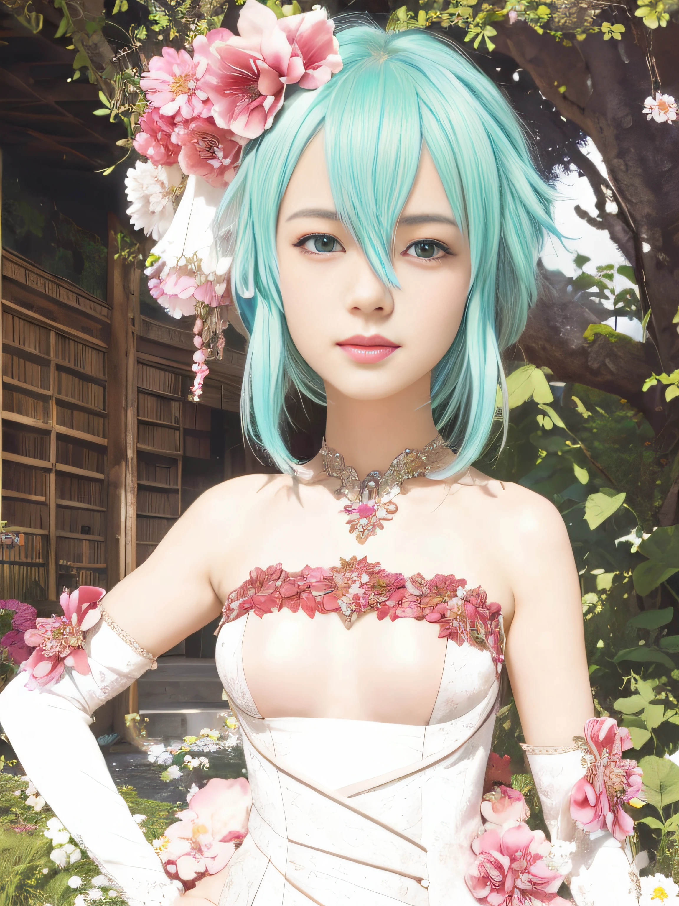 masterpiece, best quality, (realistic, photo-realistic:1.4), (RAW photo:1.2), extremely detailed CG unity 8k wallpaper, delicate and beautiful, amazing, finely detail, official art, absurdres, incredibly absurdres, huge filesize, ultra-detailed, extremely detailed, extremely detailed girl, extremely detailed eyes and face, light on face,little smile,sinon,black hair clip,flower on hair,flower on dress,short hair
