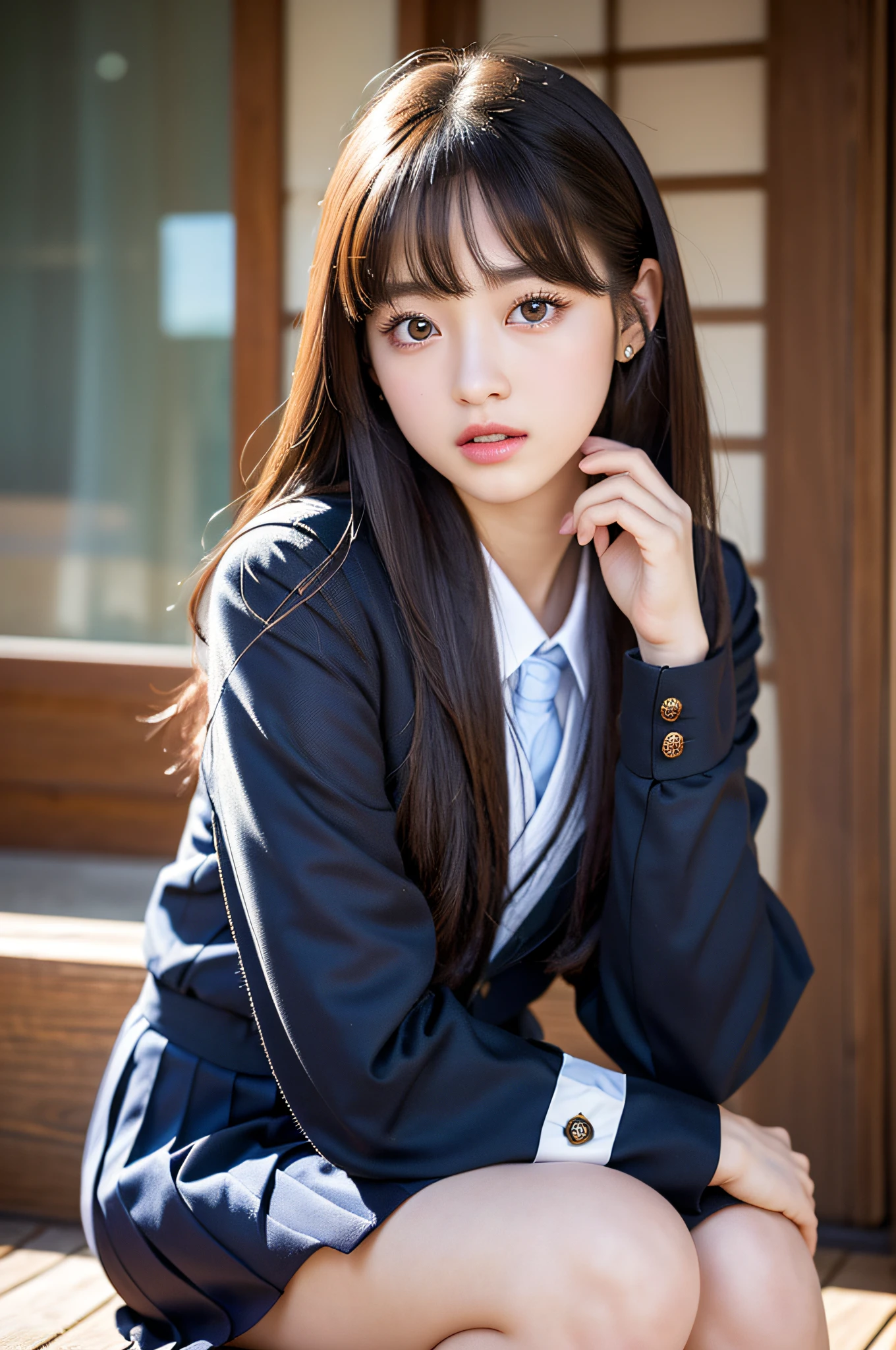 (school uniform:1.5), (Photorealistic:1.4), (Best quality:1.0), (超高分辨率:1.0), 8K, RAW photo, (Masterpiece:0.2), Ultra-detailed, Close short, 1girll, Beautiful skin, Detailed skin, view the viewer, full bodyesbian, (Long hair:1), full body, white school shirt with very short plaid skirt, school shoes with long socks until below of knees