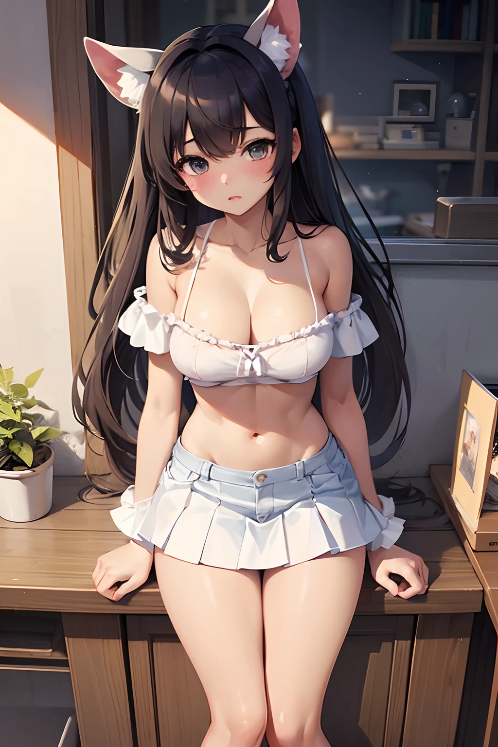 tanned skin1:5、Top image quality、Masterpiece、8k、、girl with、perfect anatomia、Denim miniskirt、Cute white panties、cleavage of the breast、Twin-tailed、Emphasis on the streaks of the panties、off shoulders