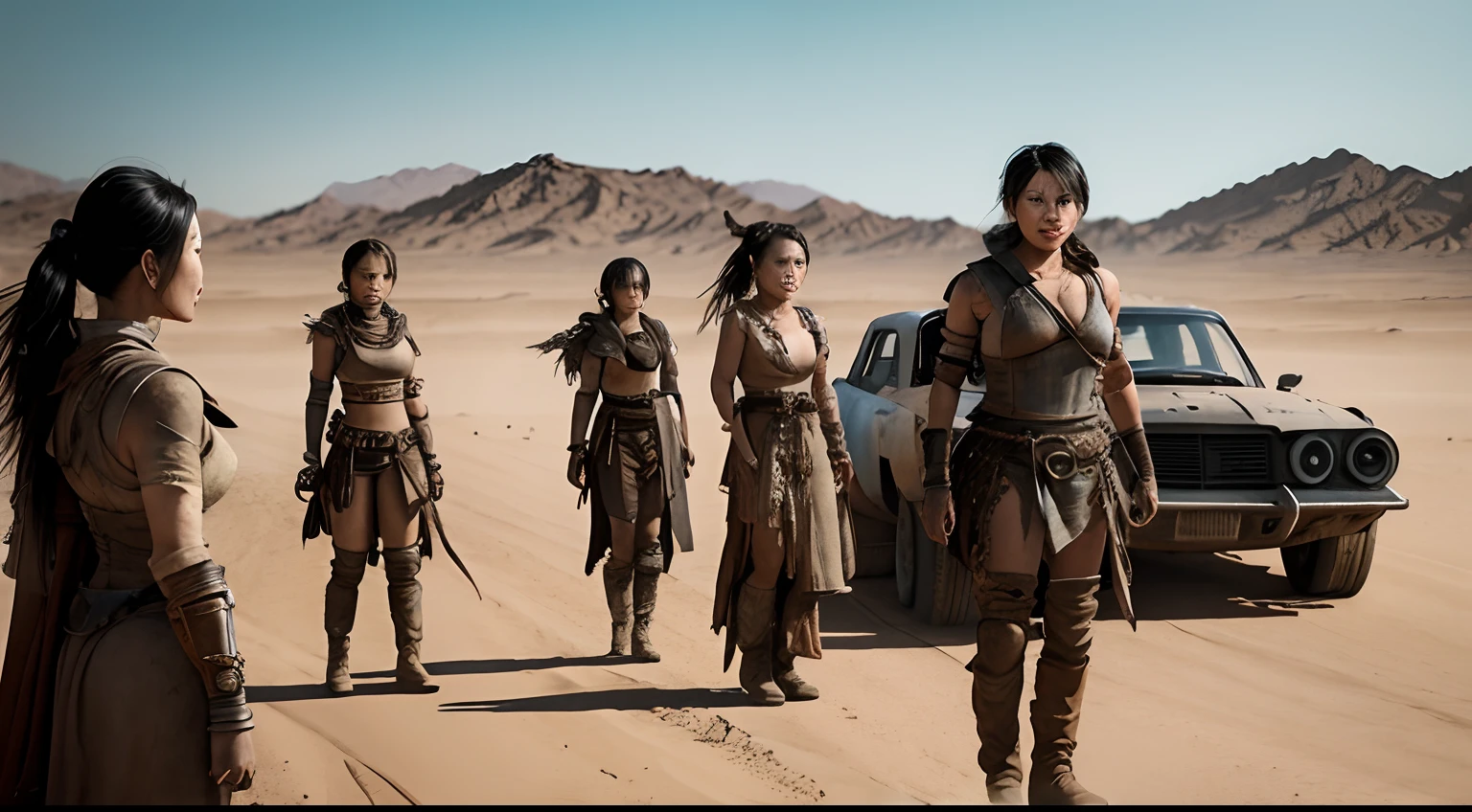 The World of Mad Max、Nevada Desert、(Very good style)、(Very beautiful Asian women)、Freed female slaves are lined up side by side、The woman in the center is talking with her mouth open