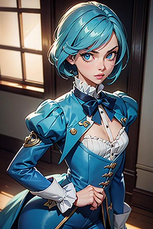 0ne girl in a justice Hall, Lawyer, Franziska Von Karma, Cyan Blue Hair, Puffy clothes, Clothing with ruffles, Wear a blue pant ,Use a Whip, Regard strict, Stern look. (Best quality:1.1), (Masterpiece:1.4), 1fille, (cheveux volumineux)+ , cheveux courts, (Yeux verts) Petits seins, (small lips ) + , peau brillante, brillant,