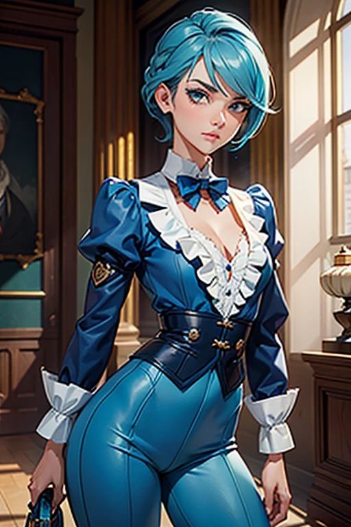 0ne girl in a justice Hall, Lawyer, Franziska Von Karma, Cyan Blue Hair, Puffy clothes, Clothing with ruffles, Wear a blue pant ,Use a Whip, Regard strict, Stern look. (Best quality:1.1), (Masterpiece:1.4), 1fille, (cheveux volumineux)+ , cheveux courts, (Yeux verts) Petits seins, (small lips ) + , peau brillante, brillant,
