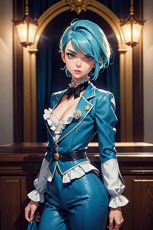 0ne girl in a justice Hall, Lawyer, Franziska Von Karma, Cyan Blue Hair, Puffy clothes, Clothing with ruffles, Wear a blue pant ,Use a Whip, Regard strict, Stern look. (Best quality:1.1), (Masterpiece:1.4), 1fille, (cheveux volumineux)+ , cheveux courts, (Yeux verts) Petits seins, (small lips ) + , peau brillante, brillant,