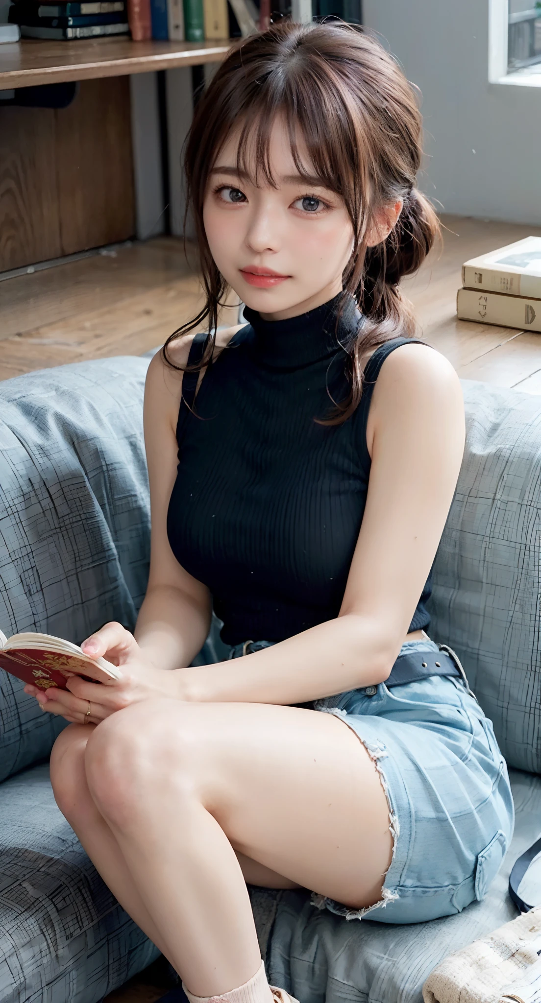 ((of the highest quality, 8K, masutepiece: 1.3, Raw photo)), Sharp Focus: 1.2, (1 AESPA Girl :1.1), Solo, (Realistic, Photorealistic: 1.37), (Face Focus: 1.1), Cute face, hyperdetailed face, (short messy hair: 1.2), Small breasts, flat chest, thigh, nude, office room, chiffon camisole, moon light, skirt lifted up, small smile