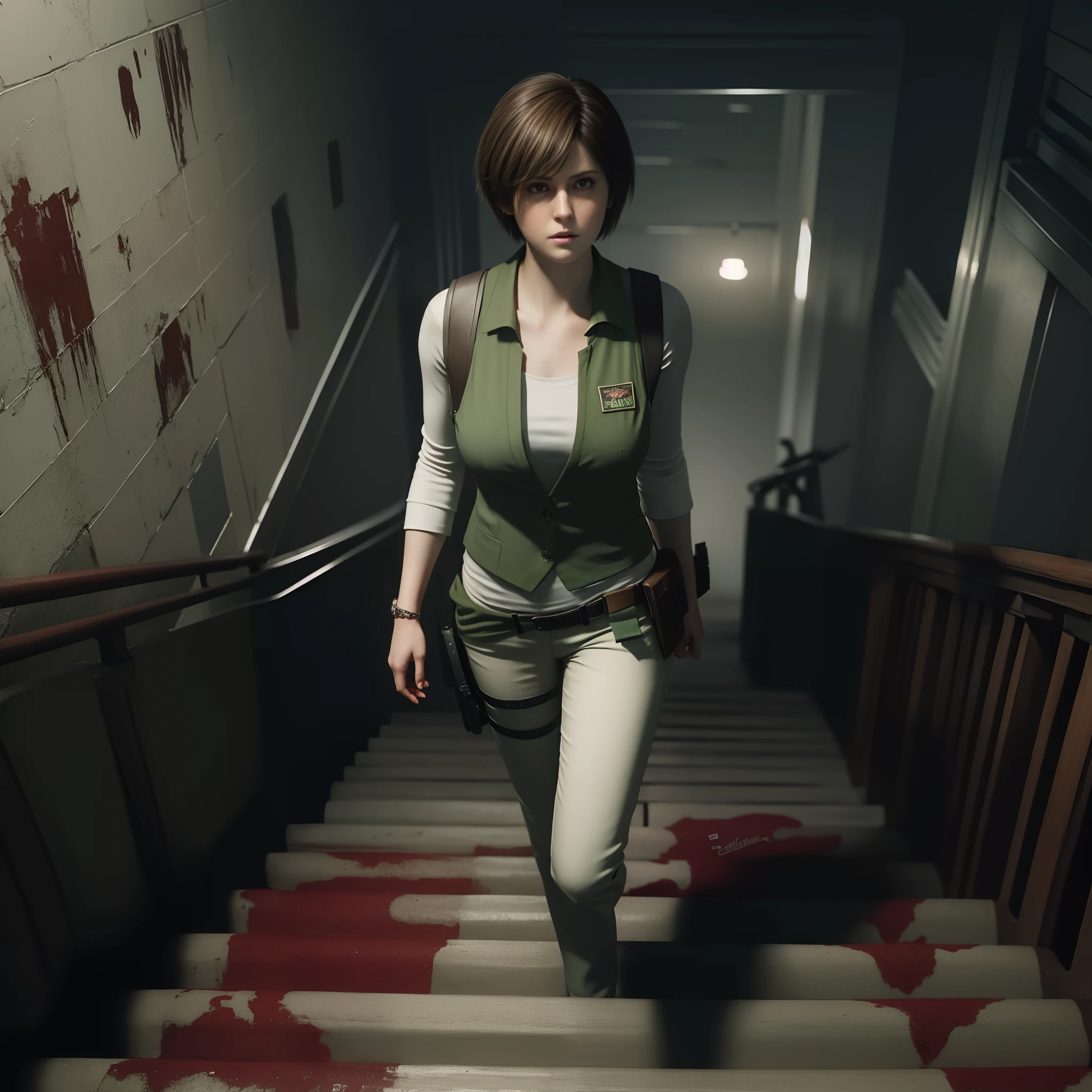 Rebecca Chambers, beautiful face, bob hair, perfect Face, wearing green vest with white pants,  nail polish, Look straight, glare