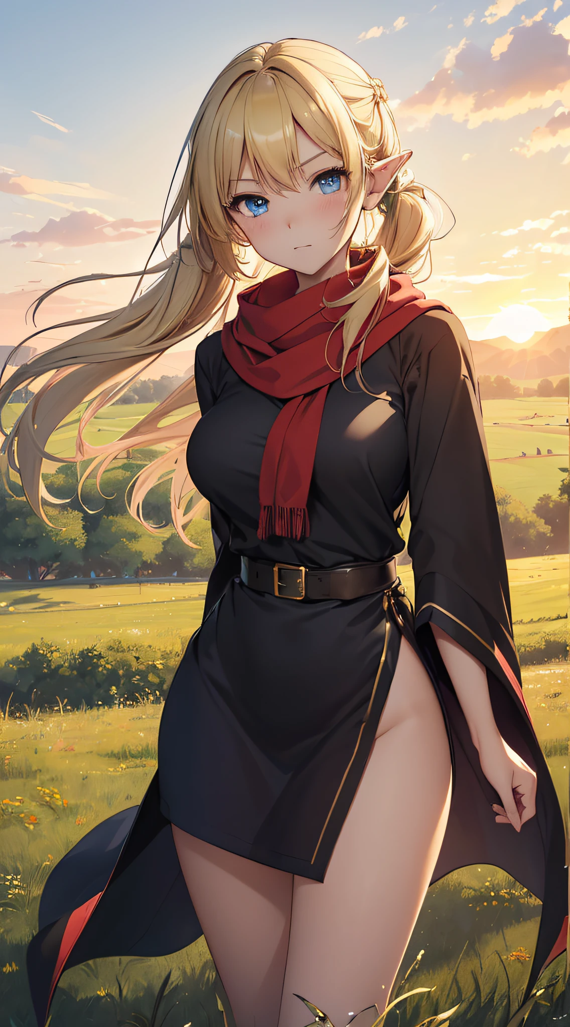 top-quality、Top image quality、​masterpiece、An elf girl((18year old、Best Bust、big bast,Beautiful blue eyes、Breasts wide open, Blonde twintails、A slender,Large valleys、red scarf、Clothes in black robes、Extend your right hand、Put your left hand on your chest、Fluttering hair)）hiquality、Beautiful Art、Background with((Large grasslands、sunrises,strong breeze)))、,masutepiece、visualart、depth of fields、