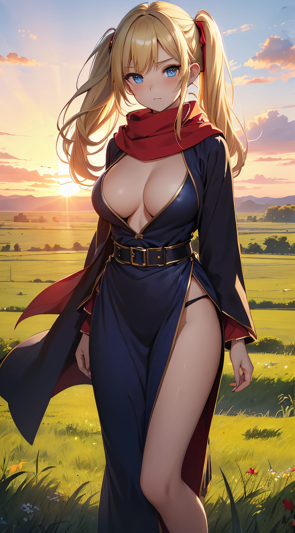 top-quality、Top image quality、masterpiece、An elf girl((18year old、Best Bust、big bast,Beautiful blue eyes、Breasts wide open, Blonde twintails、A slender,Large valleys、red scarf、Clothes in black robes、Extend your right hand、Put your left hand on your chest、Fluttering hair))hiquality、Beautiful Art、Background with((Large grasslands、sunrises,strong breeze)))、,masutepiece、visualart、depth of fields、