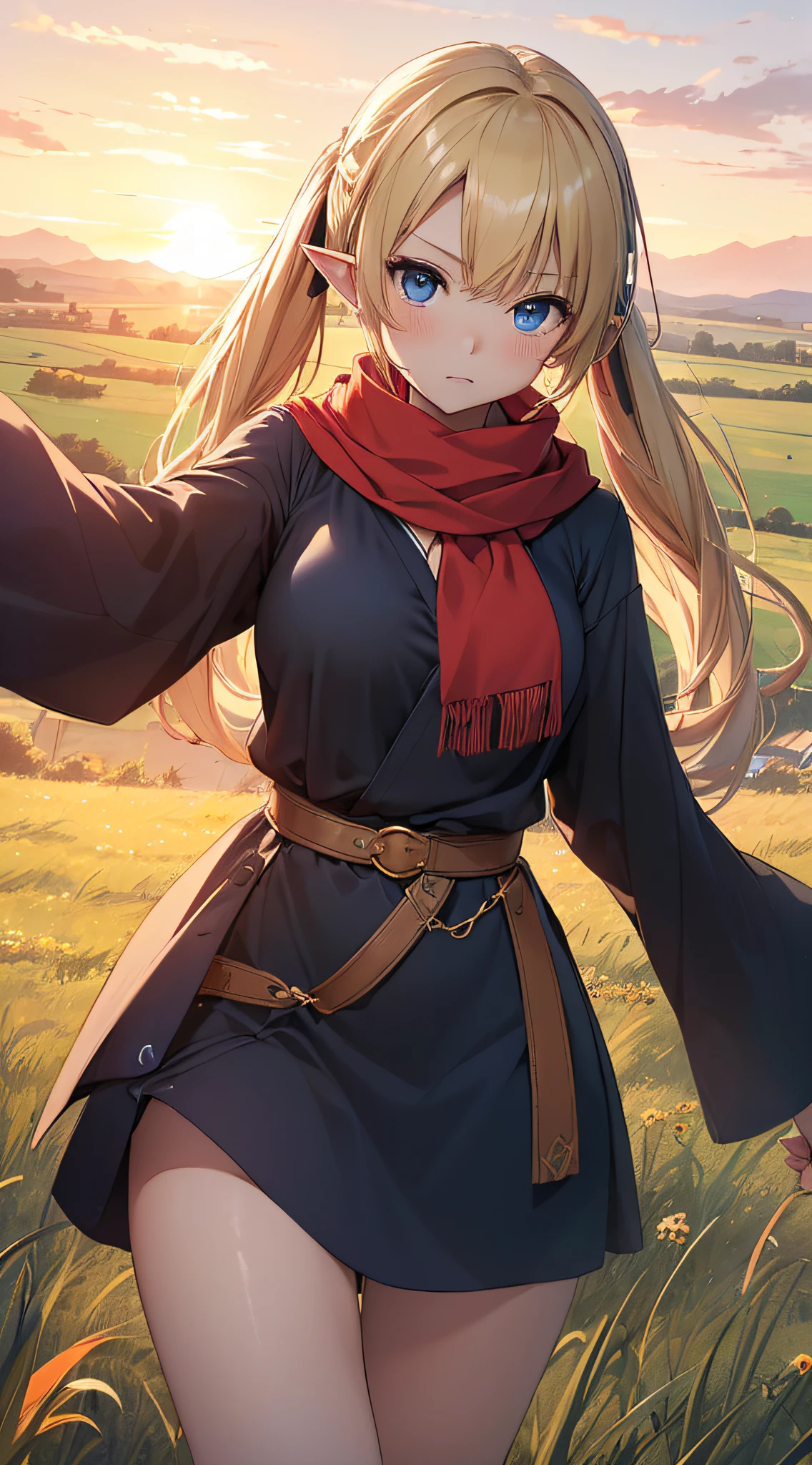 top-quality、Top image quality、masterpiece、An elf girl((18year old、Best Bust、big bast,Beautiful blue eyes、Breasts wide open, Blonde twintails、A slender,Large valleys、red scarf、Clothes in black robes、Extend your right hand、Put your left hand on your chest、Fluttering hair))hiquality、Beautiful Art、Background with((Large grasslands、sunrises,strong breeze)))、,masutepiece、visualart、depth of fields、