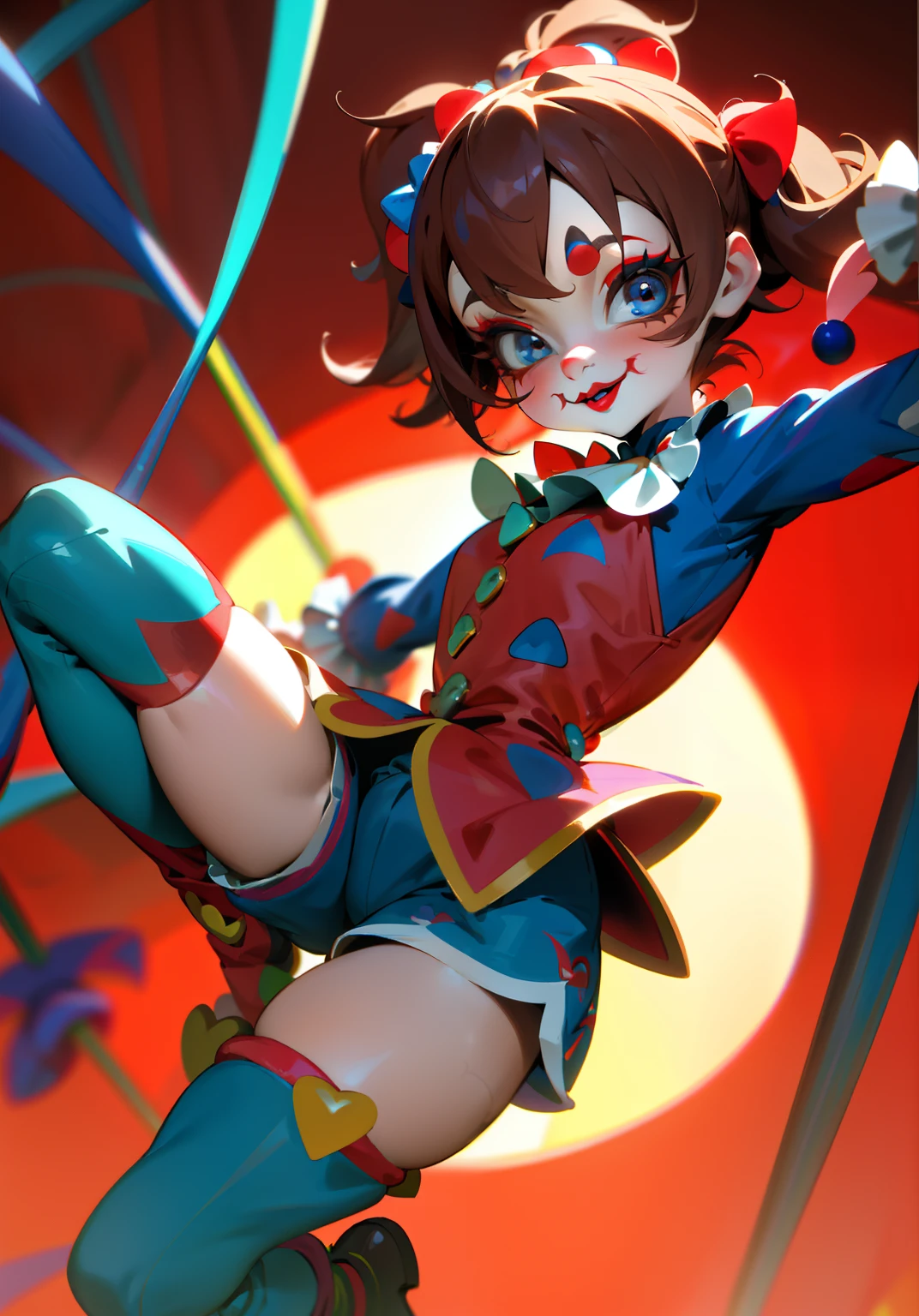 clown girl pomni, brown hair, red and blue eyes, red and blue outfit with round shoulders and thighs, and yellow balls in short, cartoon character of a clown and a red and blue outfit in short, circus red curtain background, cutecore clowncore, y 2 k cutecore clowncore, jester themed, animation character, clown girl, 3d animated, 3 d animated, jester, toonix character, cartoonish cute, 3d character, 3 d character, medieval jester, highly rendered!!, creepy clown girl
, insane clown girl, finely detailed, (best quality), (intricate details), cute style, , jester style, multicolored, ((long brown hair in pigtails)), best quality, ((long sleeve shirt and shorts)), ((red and white clothes)), ((jester style clothes)), ((thigh high socks)), ((round eyes)), ((has jester makeup)), beautiful face, happy, cute face, pinup, perfect face, simple background portrait