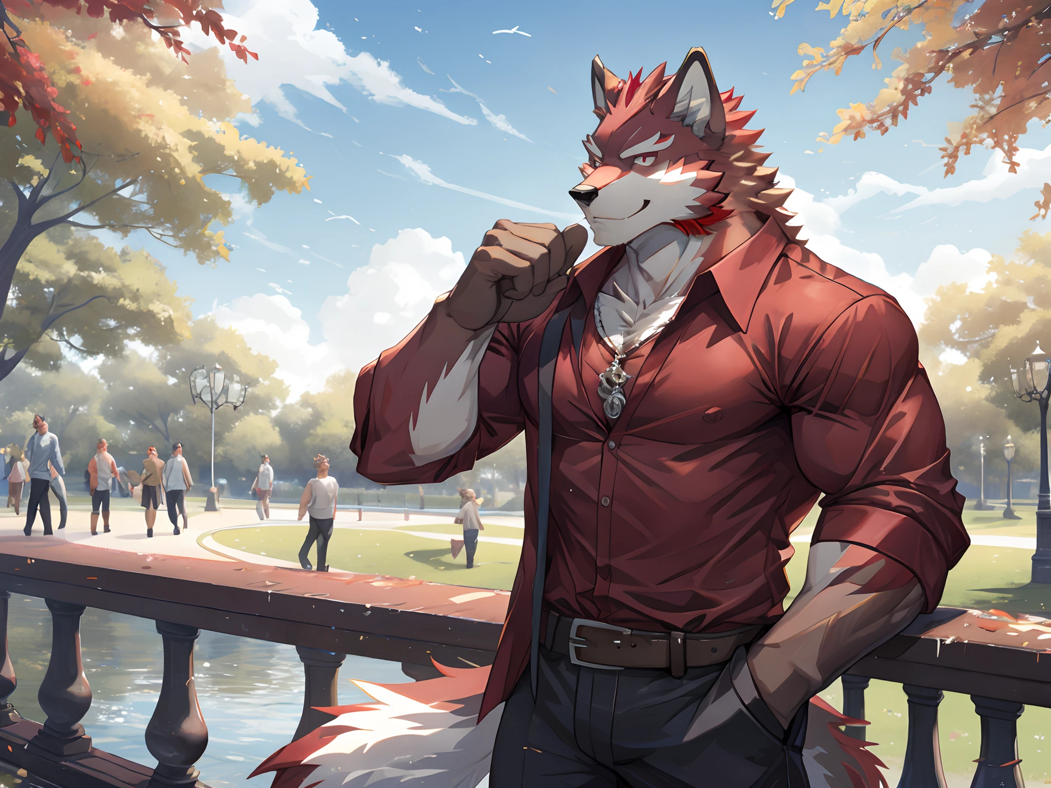 Best quality, Diederich, Furry Wolf, Red Fur, Red eyes, Medium Muscular Body, Handsome, Good Looking, Charming, Casual shirt, Cool Pose, Smiling, Park Background.