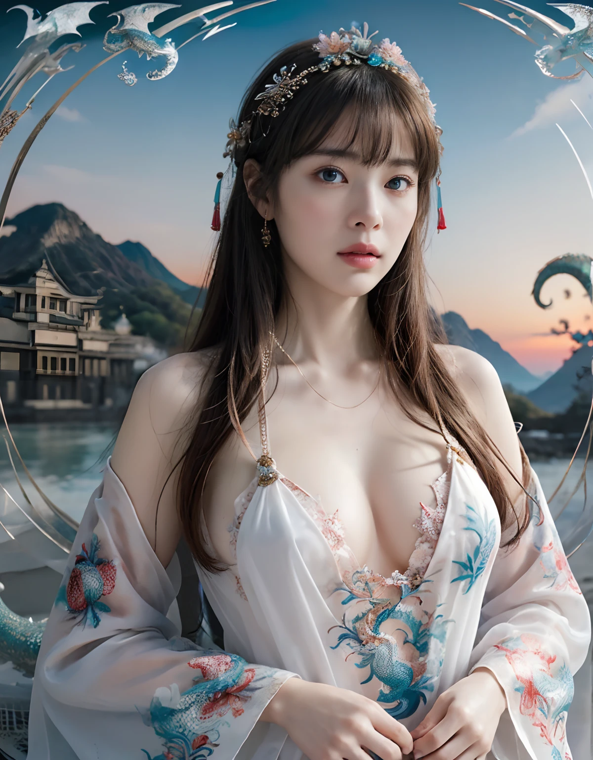 top-quality、masterpiece、超A high resolution、(Photorealsitic:1.4)、Raw photo、女の子1人、(((White Dragon Background))),(Armor with beautiful patterns in every detail)、(((heavy breasts))),glowy skin、(((Cliff background、Large mountain ranges、falls))))、(Random hair),(((Detailed Micro Bikini)))、(((Mystical expression))),(((glowy skin))),(Gorgeous pink rubber body))、((She has a beautiful floral ornament on her head)),((angelicales)),(Background of decaying dungeon ruins)、(Ultimate Beauty))、(Full Body Angle)、((super realistic details))、portlate),globalillumination、Shadow、octan render、8K、ultrasharp、Colossal tits、Raw skin is exposed in cleavage、Details of complex ornaments、Japan details、highly intricate detail、Realistic light、(Mystical expression),CGSoation Trends、Blue eyes、radiant eyes、Facing the camera)、Toostock、Ultimate Beauty、Detailed sword)、(((dragon background))),Precipitous cliffs、Amazing heavy breasts、Wear a large floral ornament on your head、