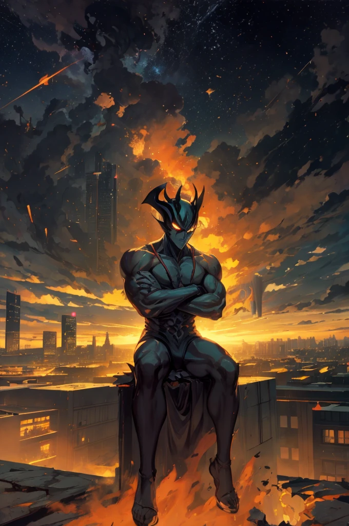 Devilman,Sit on the edge of a skyscraper,looking-down,Burning cityscape,