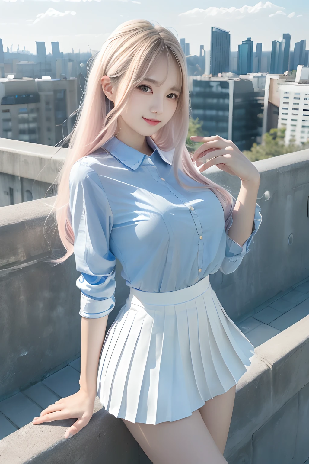 official art, masterpiece, sharp focus, (beautiful gorgeous cute Korean woman:1.3), (beautiful cute korean:1.3), korean beauty, Delicate and beautiful hair and eyes and face, realistic, ultra detailed, beautiful girl, blue sky, glow white particle, (sidelighting:1.2), sun light, white cloud, detailed clouds, slender, Lovely very large breasts and very large hips, smile with teeth, ((smile with eyes, open both eyes)), scenery, long straight hair, sexy facial expression, building, (cityscape:1.7), dynamic hair, long straight hair, detailed platinum pink hair, glow blue eyes, (blue pleated shirts + white skirt), white long socks, pale skin, hair ornament, epic scenery,