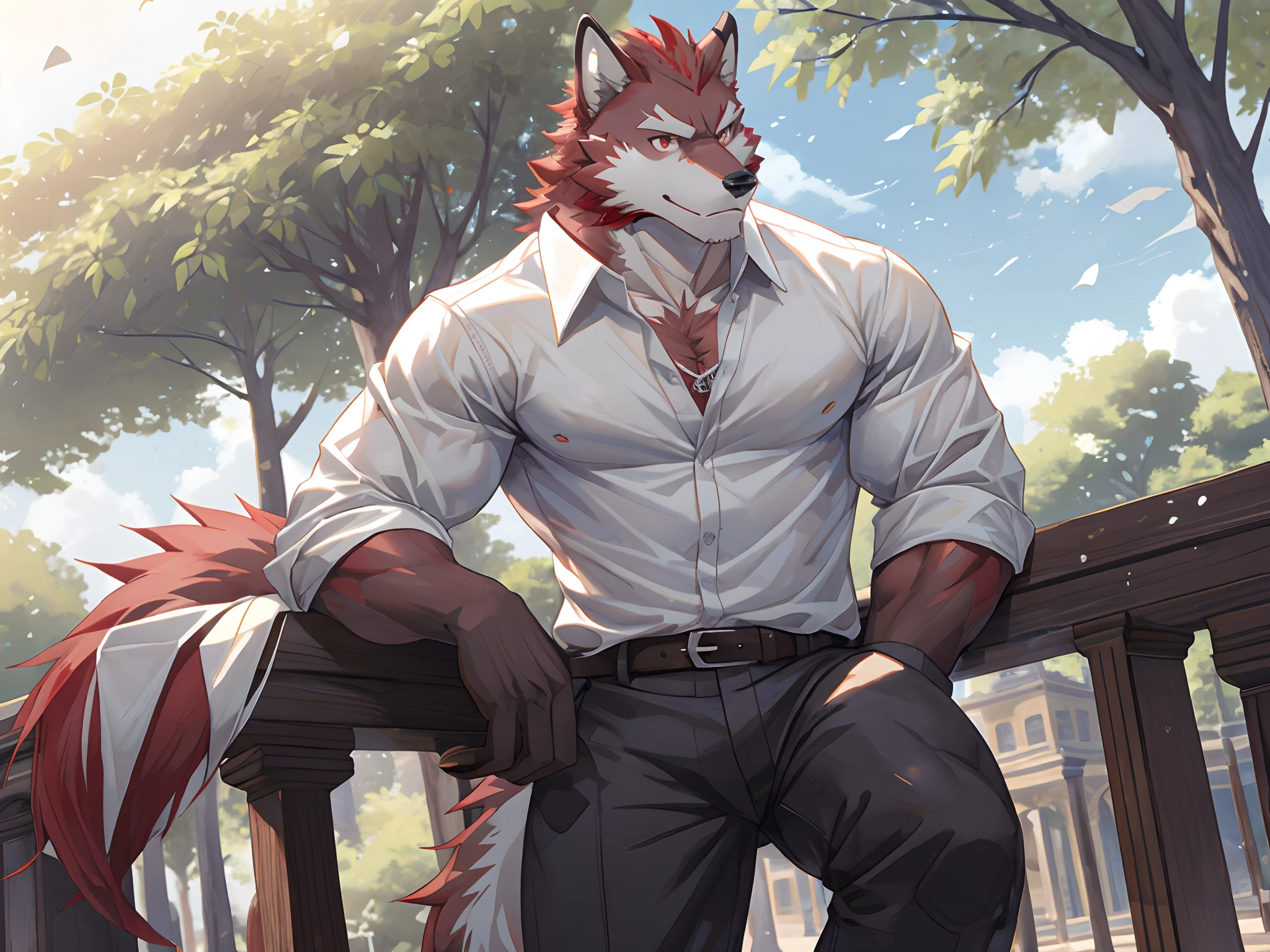 Best quality, Diederich, Furry Wolf, Red Fur, Red eyes, Medium Muscular Body, Handsome, Good Looking, Charming, Casual shirt, Cool Pose, Smiling, Park Background.