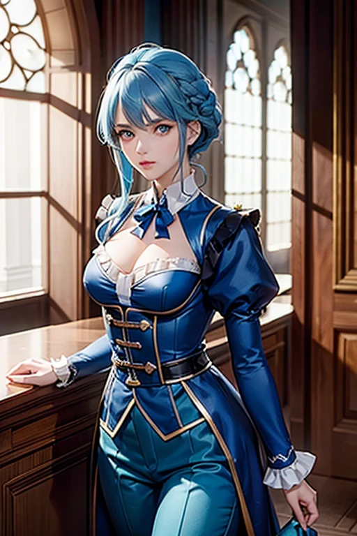 0ne middle age women in a justice Hall, Lawyer, 30 ans, Franziska Von Karma, Cyan Blue Hair, Puffy clothes, Clothing with ruffles, Wear a blue pant ,Use a Whip, Regard strict, Stern look. (Best quality:1.1), (Masterpiece:1.4), 1fille, (cheveux volumineux)+ , cheveux courts, (Yeux verts) Petits seins, (small lips ) + , peau brillante, brillant,