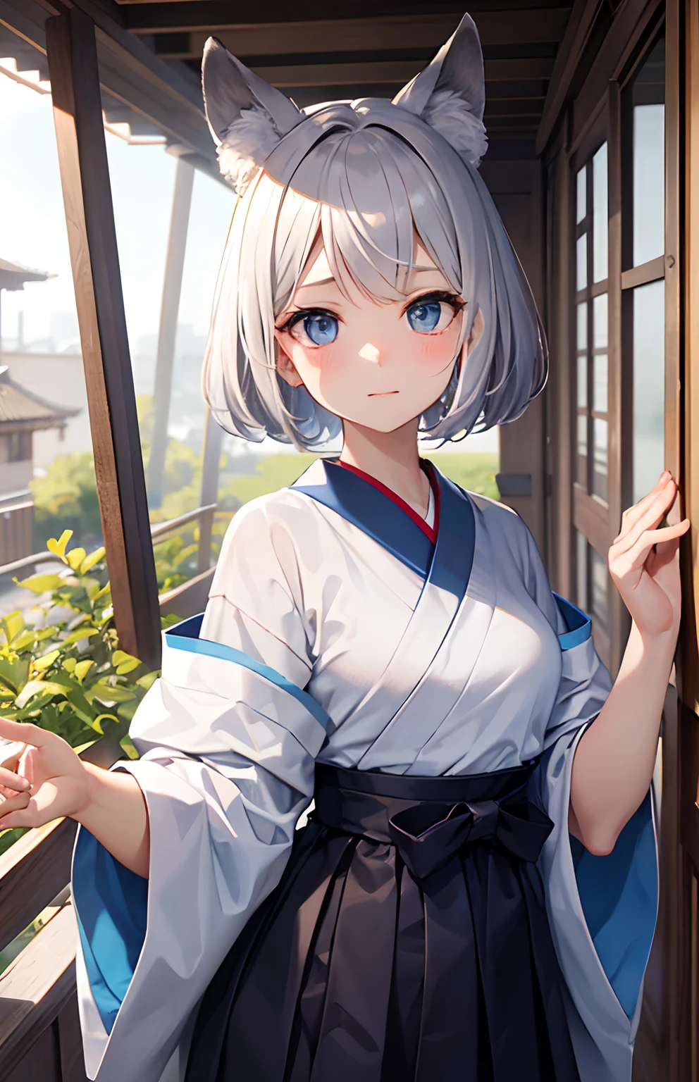 ​masterpiece,Top image quality,hight resolution,imagem 4k,Raw photo,Photorealsitic,{Solo},teens girl,Embarrassment,Silver Shorthair,stare at each other,,Blue eyes,小柄,small tits,tits out,Silver fox ears,Fox tail,boyish,,hakama,Kyudo,Kyudogi,dojo